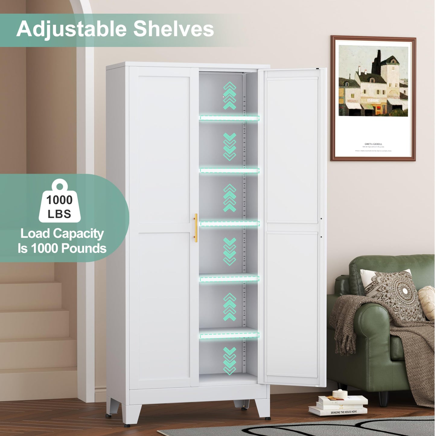 Metal Pantry Cabinet with 2 Doors and 5 Adjustable Shelves, 75" Kitchen Storage cabinets with Gold Handles, Versatile Storage for Laundry Room, Living Room, Bathroom, Dinning Room, Utility Room-White