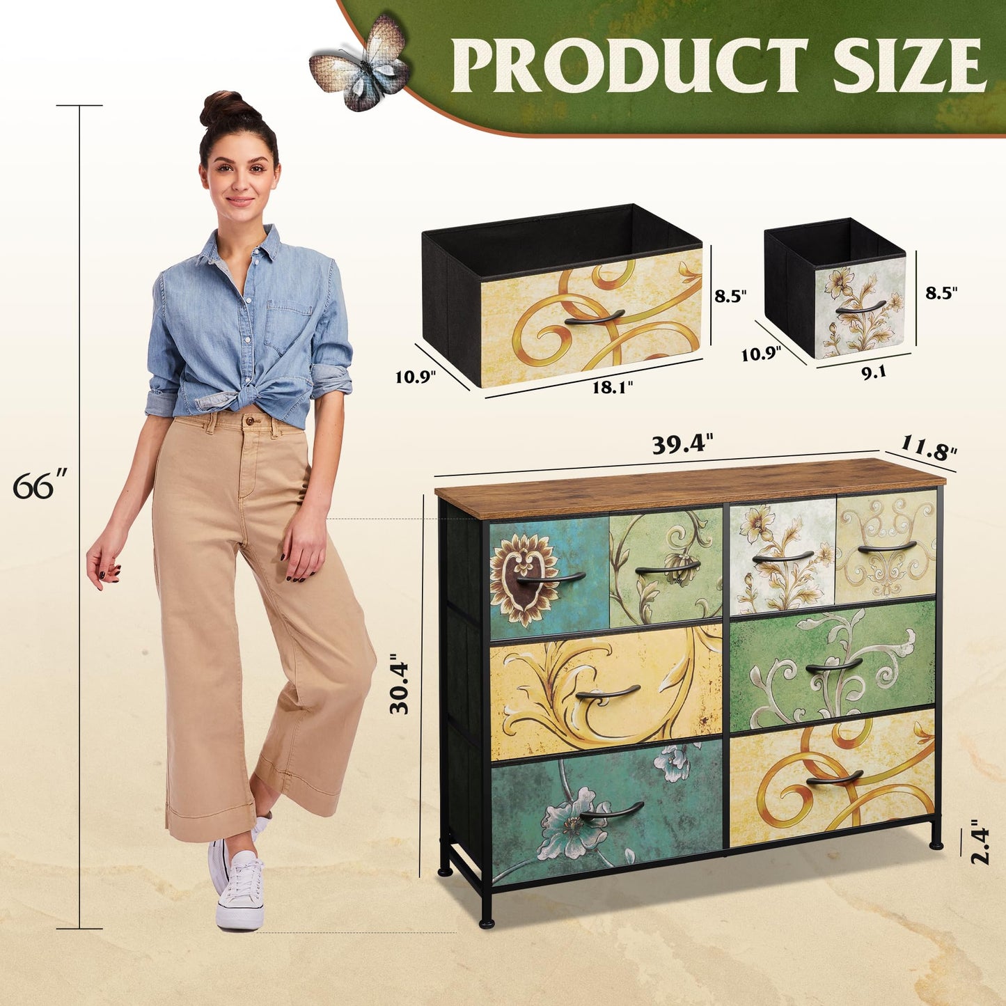 WLIVE 8 Drawer Dresser for Bedroom, Wide Fabric Dresser Storage Organizer, Chest of Drawers with Wood Top, Sturdy Steel Frame, Dressers for Living Room, Closet, Hallway, Floral Painted