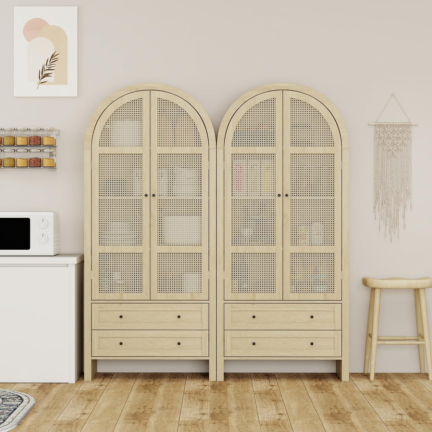 Woenei Arched Kitchen Pantry Cabinet, 71" Tall Arched Bookcase Rattan Storage Cabinet with Doors and Drawers Adjustable Shelves,Farmhouse Freestanding Cupboard for Bathroom,Living Room,Dining Room