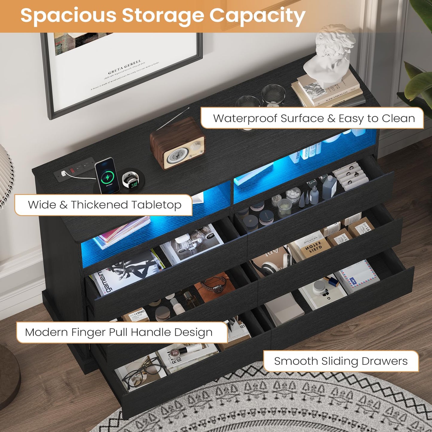 DICTAC Black Dresser for Bedroom with LED Lights with Charging Station, 6 Drawer Double Dresser with No Handle Drawers, Modern Chest of Drawers for Living Room, Entryway