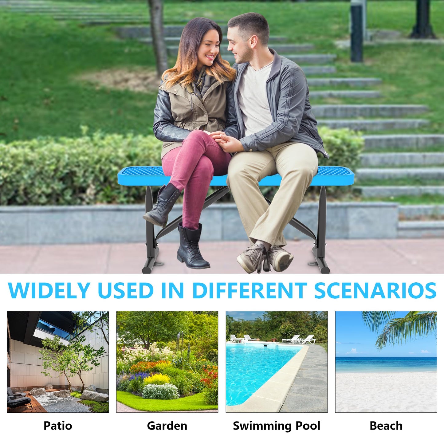 4FT/6 FT Park Benches-Outdoor Steel Flat Bench,Metal Backless Benches for Outside, School Benches Commercial Heavy Duty Rectangular Black Park Bench Patio Bench for Garden, Porch,Park (Blue, 4FT)