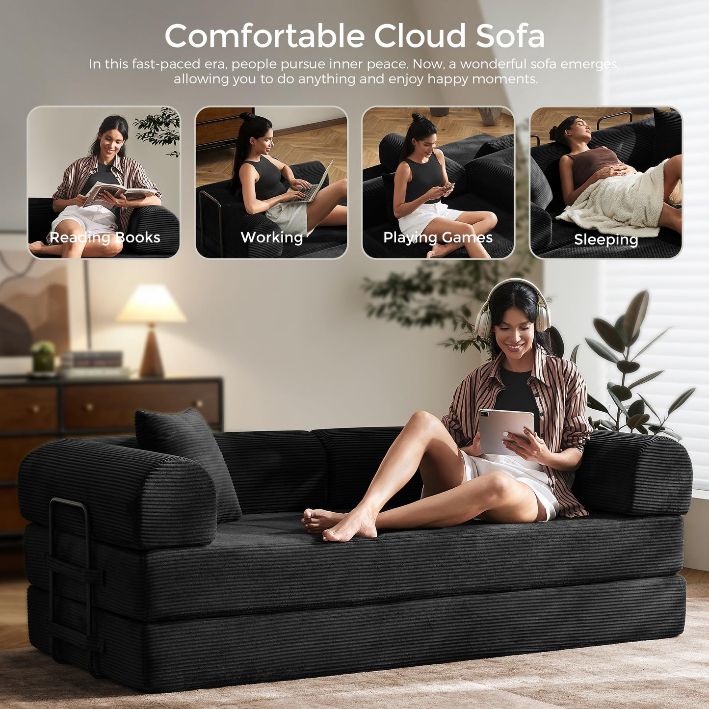 79" Convertible Sofa Bed with Fixed-Shape Frame & Removable Armrests, Modular Corduroy Sleeper Sofa, Folding Mattress Couch for Small Spaces - No Assembly Needed in Black (Includes 2 Pillows)
