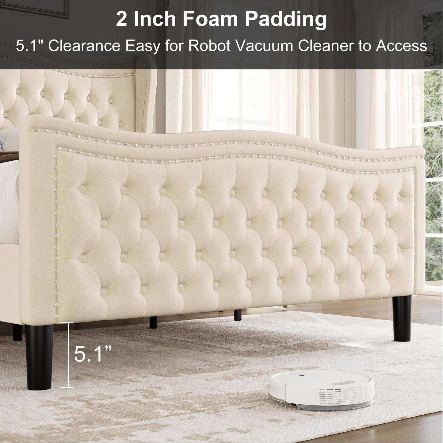 VINTLJUS Queen Bed Frame with Tall Headboard & Footboard, Velvet Upholstered Platform Bed Frame with Deep Button Tufted Wingback, No Box Spring Needed, Noise Free, Beige