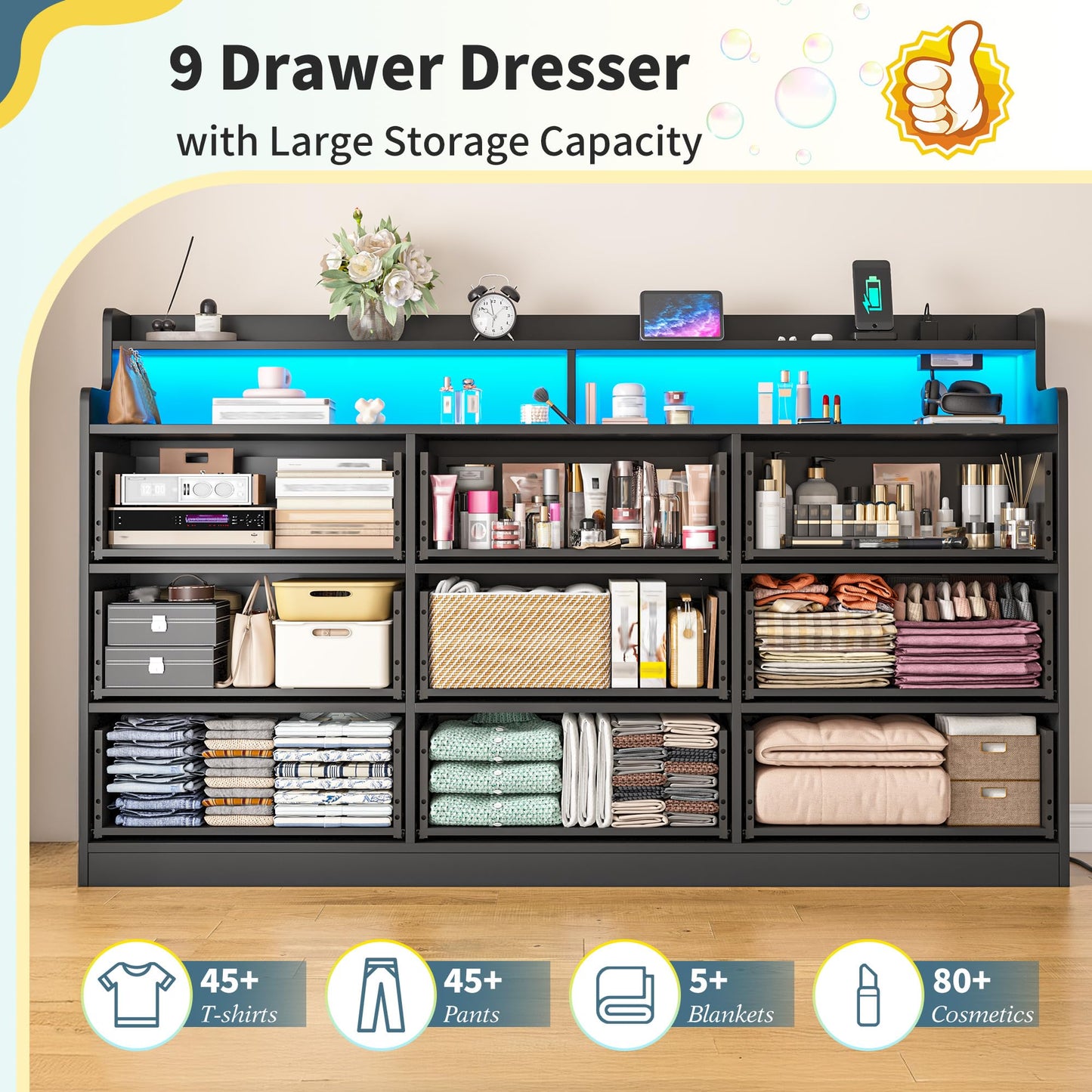 DurayLoly Modern Dresser for Bedroom with LED Light, 9 Drawer Black Dresser with Charging, Wooden Chest of Drawers, Large TV Stand for Bedroom