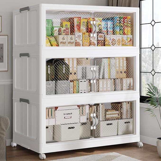 90GAL Plastic Storage Bins with Lid, 360QT Extra Large Stackable Closet Organizers and Storage, Collapsible Storage Boxes with Wheels, Folding Cabinet for Home Kitchen Office, 3Pack White