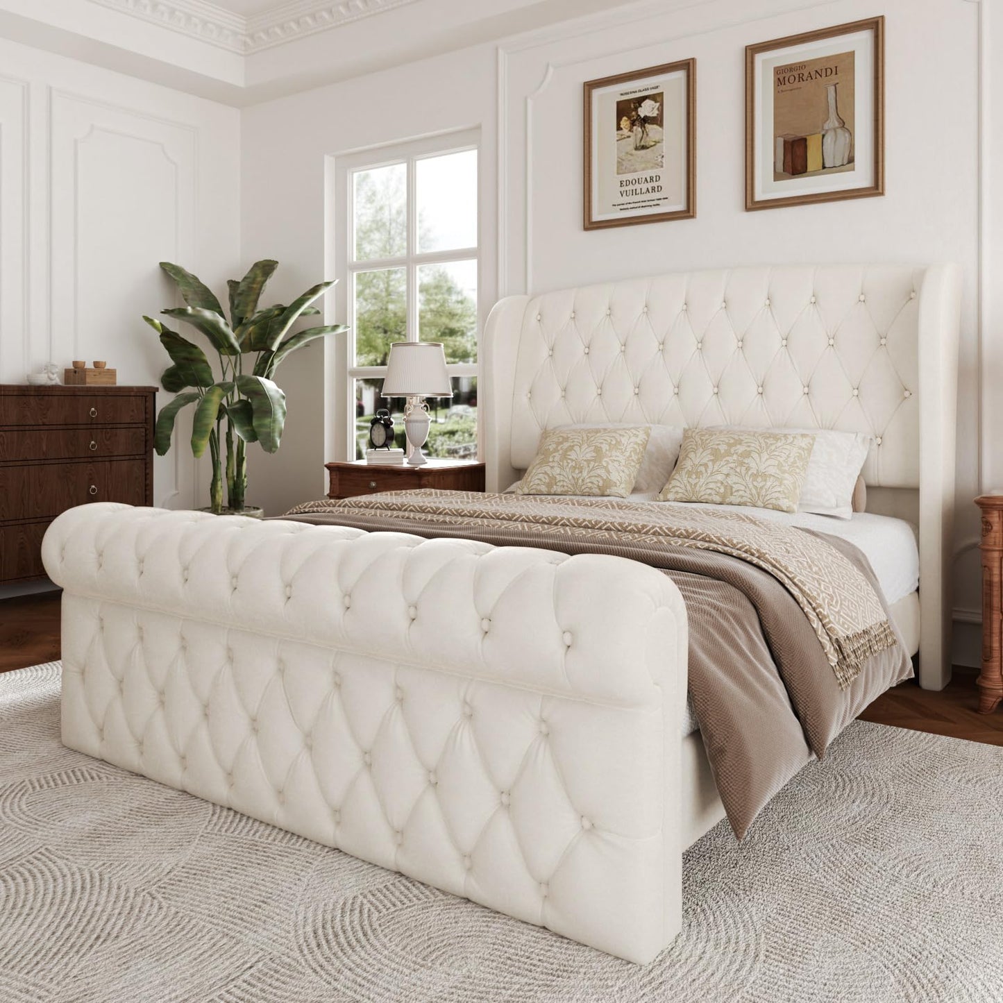 viplov Queen Size Platform Bed Frame, Chenille Upholstered Sleigh Bed with Scroll Wingback Headboard & Footboard, 52" Tall Headboard, Button Tufted, No Box Spring Required, Wood Slats Support, Beige