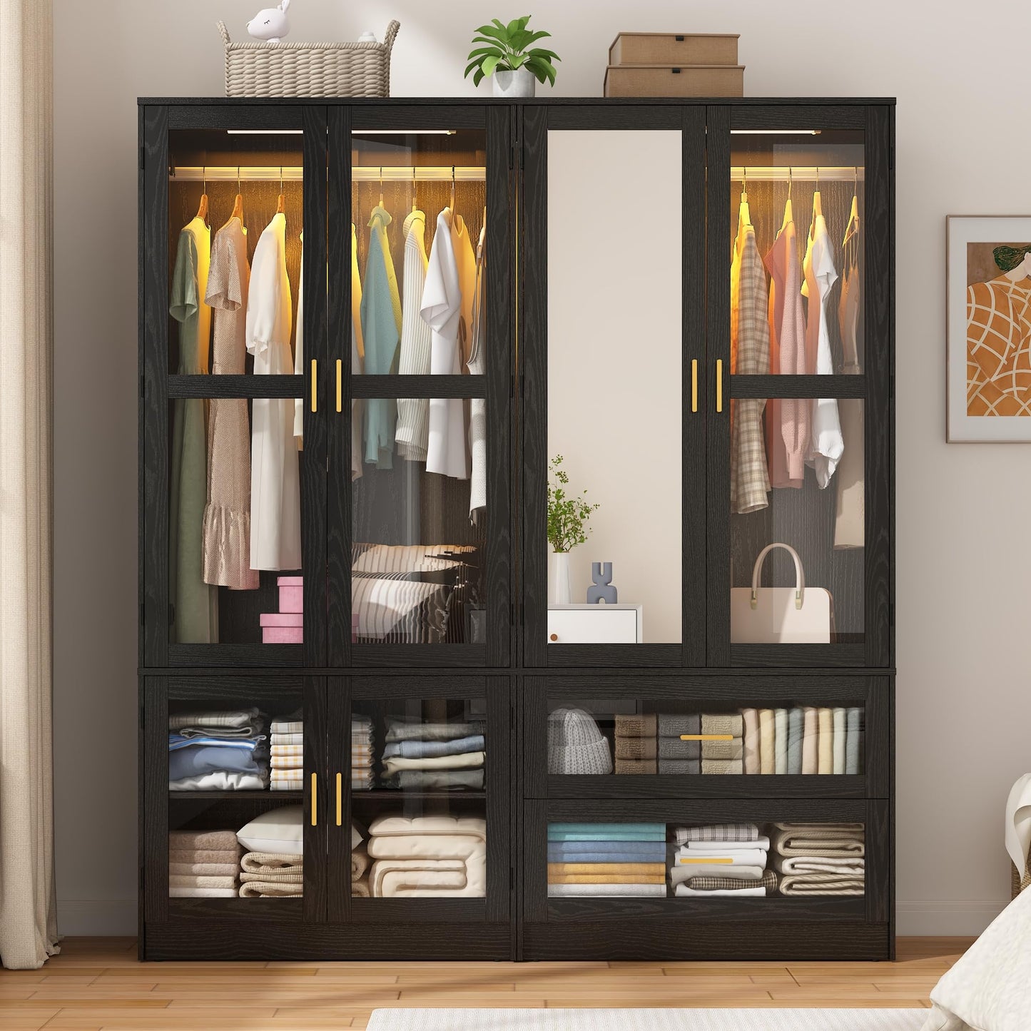 4 Doors Armoire Wardrobe Closet with LED and Mirror,71" H Freestanding Wooden Wardrobe Closet Cabinet for Bedroom w 2 Drawers,Wooden Clothing Storage Cabinet w Hanging Rod,Closets for Bedroom(Black)