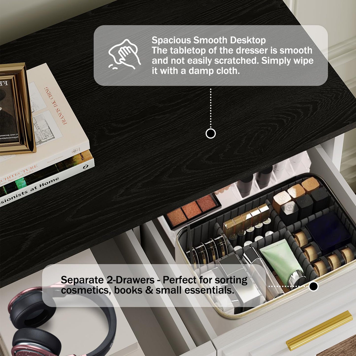 Virabit White Dresser for Bedroom with 6 Drawers, 44" Tall Wooden Farmhouse Cabinet, Modern Kids Dresser with Metal Handle, Mid Century Chest of Organizer for Closet, Living Room, Hallway