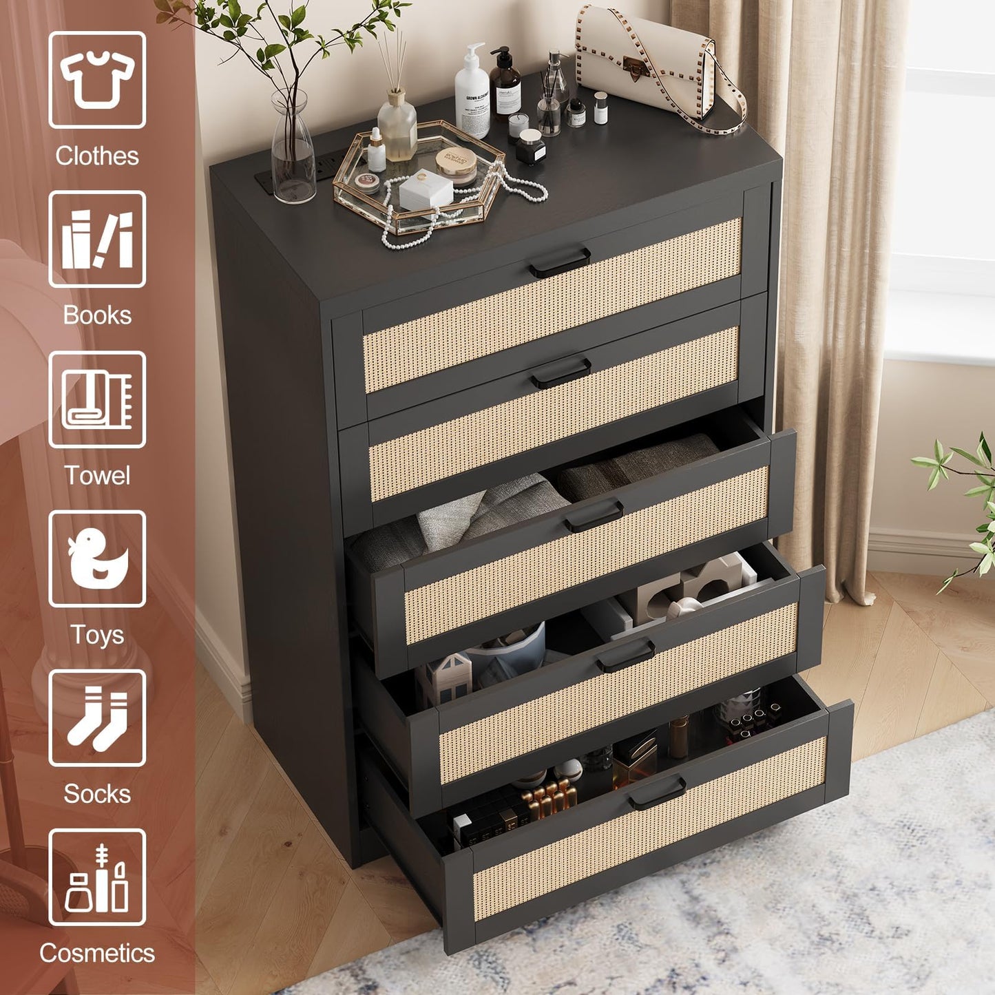 5 Drawer Dresser for Bedroom Wooden Spacious Storage Chest of Drawers with Wide Top Rattan Chest of Dressers Modern Wood Tall Dresser with Metal Handle for Living Room Closet Hallway Entryway