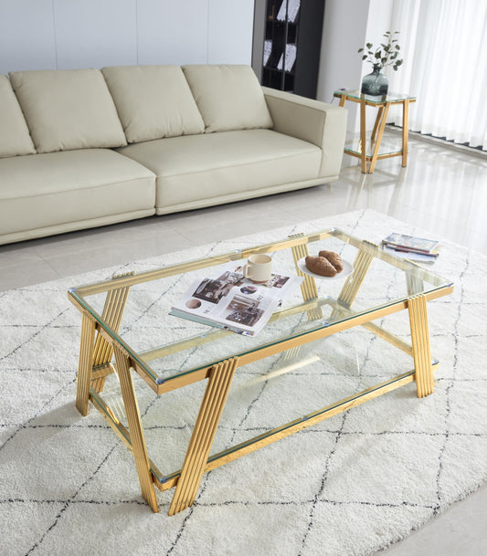 47" Modern Coffee Table, Double-Layer Clear Tempered Glass Table Top with Stainless Steel Frame, Center Table with Storage, for Living Room Home Office, Gold