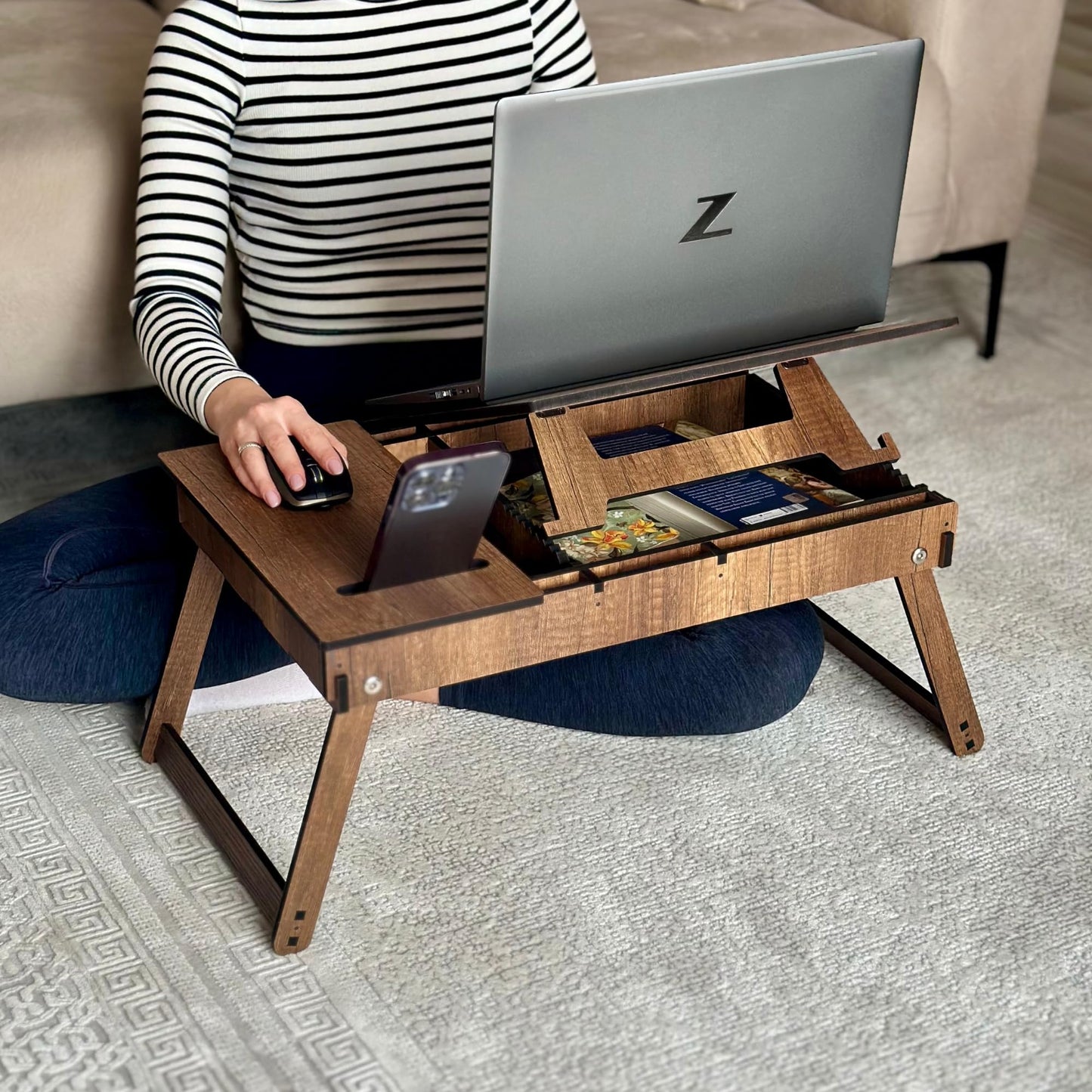 Vigo Wood Laptop Stand for Bed, Adjustable Laptop Lap Desk and Lap Tray with Built-in Storage, Foldable and Ergonomic Design for Reading, Writing, and Working (Walnut)