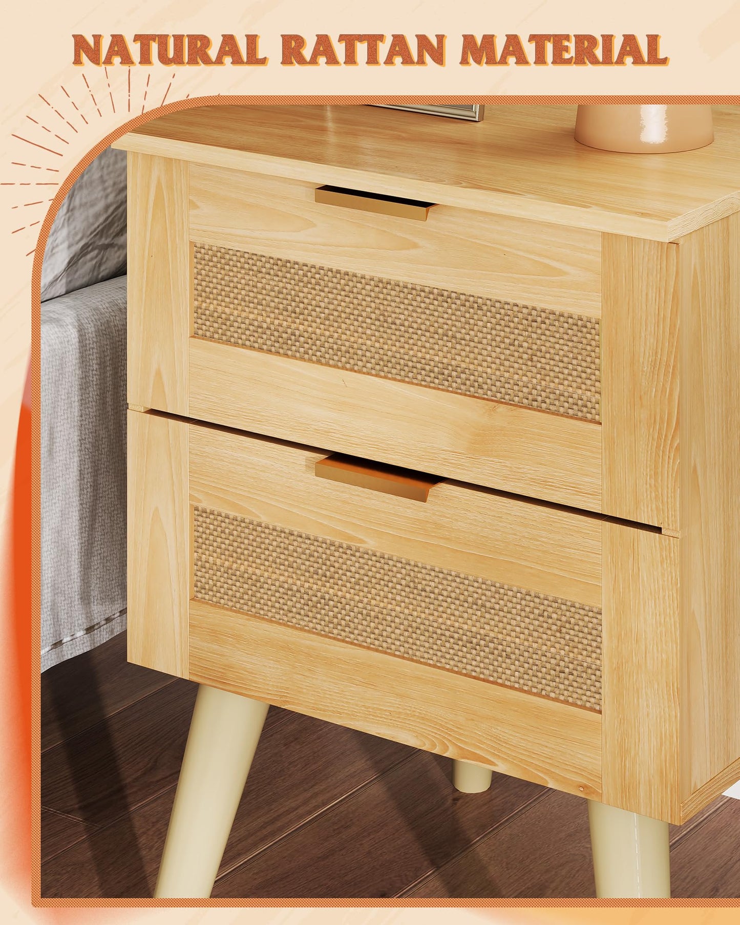 WLIVE Wood Nightstand Set of 2, Night Stand Sets with 2 Rattan Decor Drawers, End Tables with Solid Legs, Bed Side Table for Bedroom, Living Room, Natural Oak