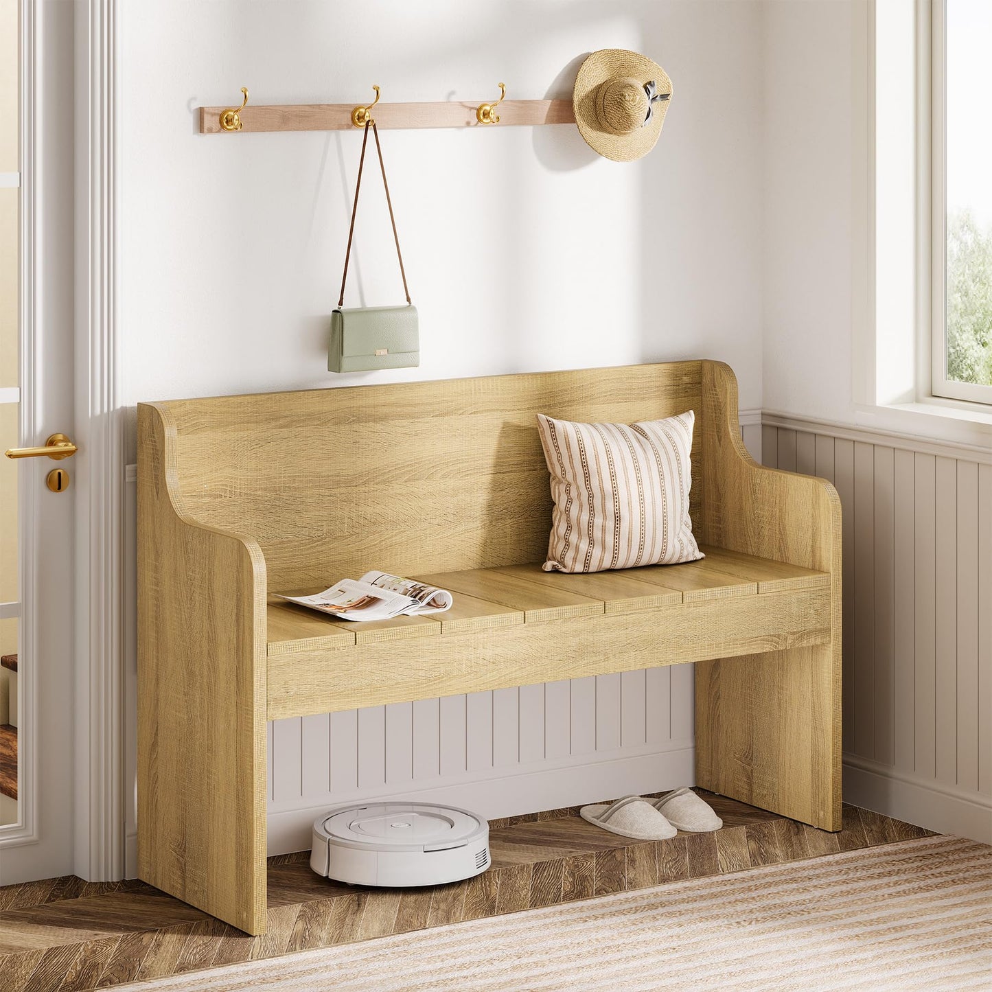 Tribesigns Entryway Bench with Back, 43.3" Farmhouse Wooden Indoor Bench, End of Bed Stool for Bedroom, Living Room, Dining Room, Easy Assembly, Natural