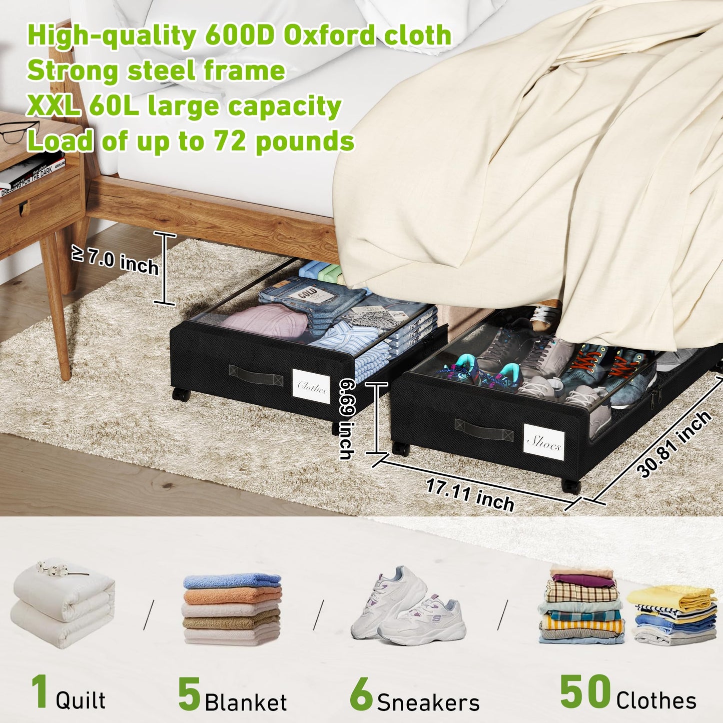 YAASHEEN Under Bed Storage with Wheels, 2-Pack Under the Bed Storage Containers with Clear Lids & Label, Underbed Storage Bins, XXL 60L Rolling Metal Drawer for Clothes, Shoes, Toys, Books - Black