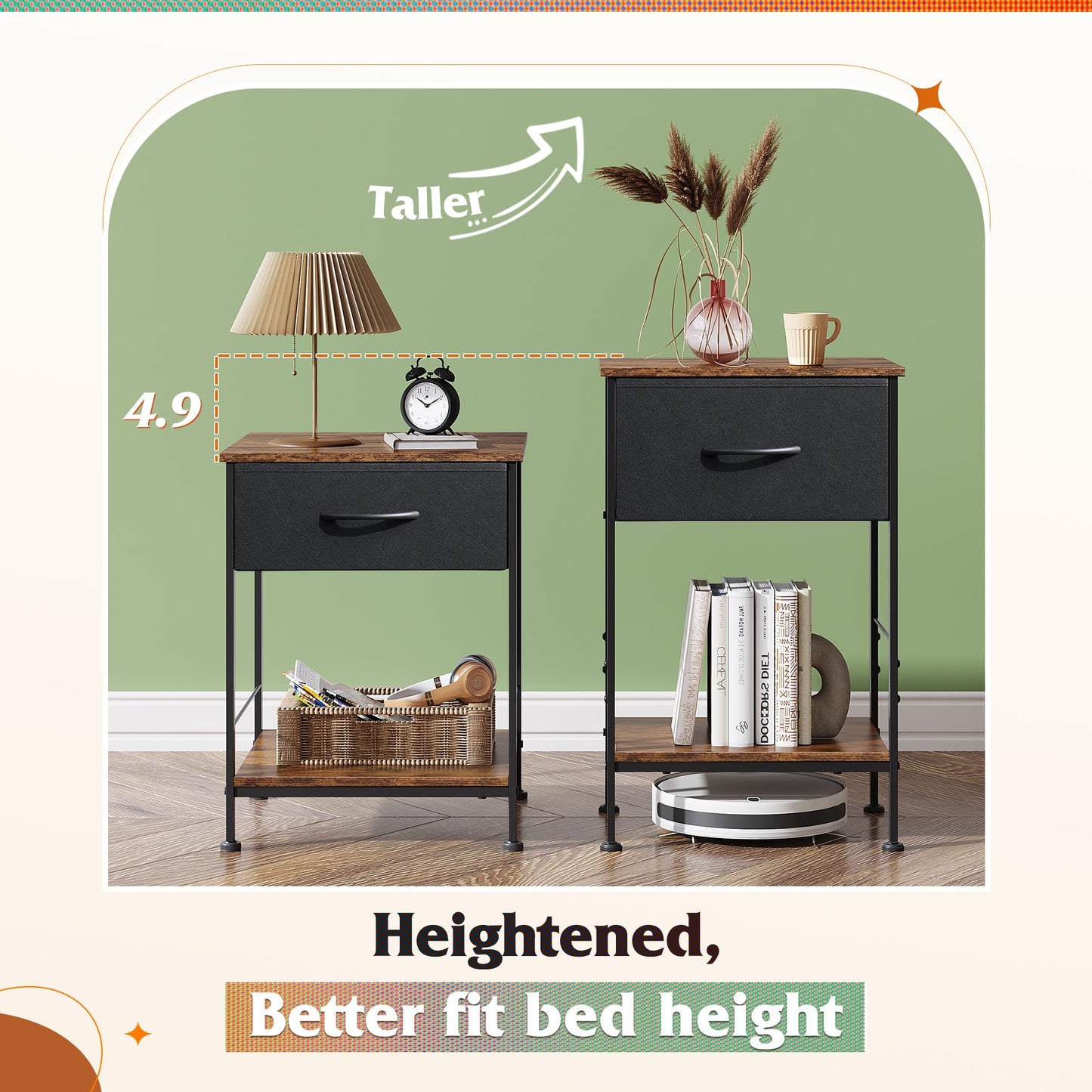 WLIVE Nightstand, End Table with Fabric Storage Drawer and Open Wood Shelf, Bedside Furniture with Steel Frame, Side Table for Bedroom, Dorm, Easy Assembly, Black and Rustic Brown, 25.0" Height