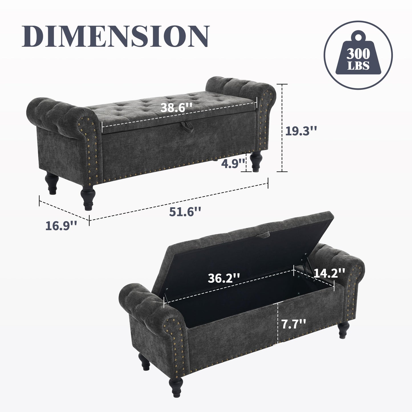 51" Bedroom Storage Bench, End of Bed Bench with Storage, Chenille Upholstered Benches, Ottoman with storage, Window Benches with Rolled Arm and Nailhead Trim for Living Room, Entryway, Dark Gray