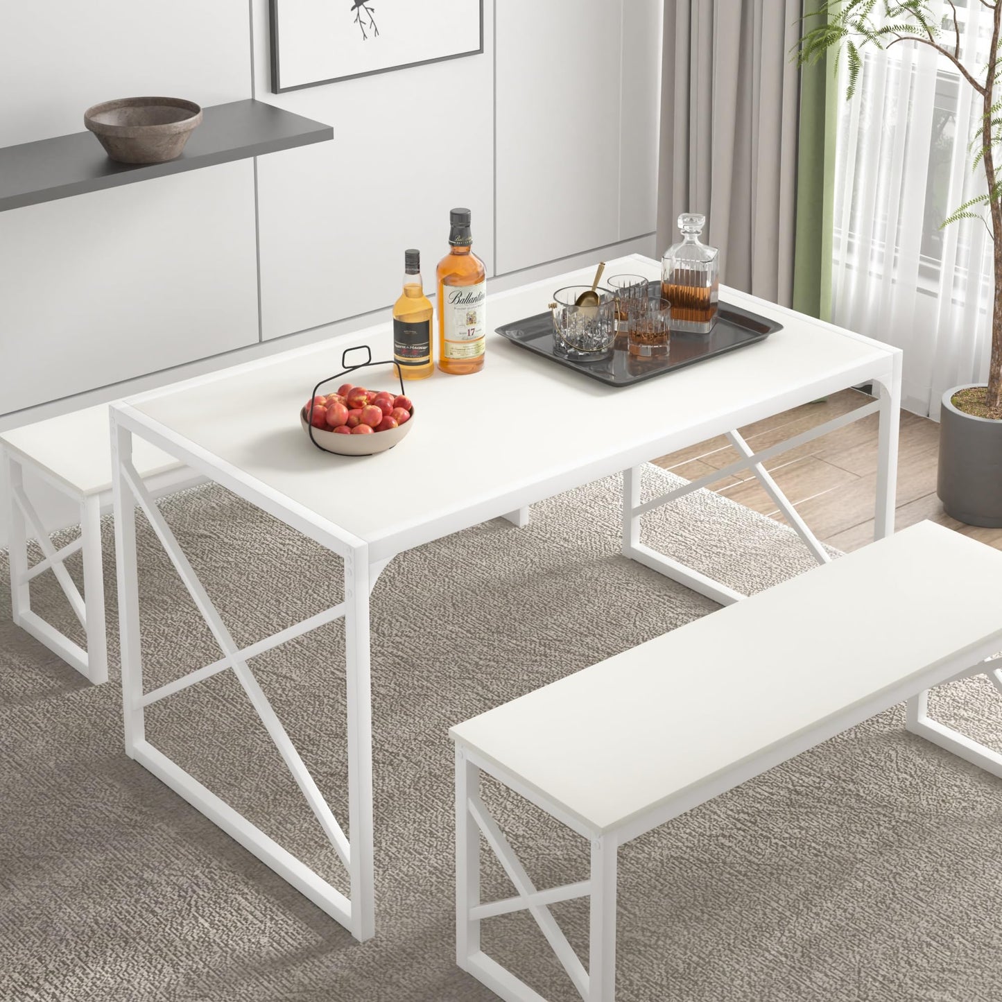 VECELO Kitchen Dining Table Set for 4, 55" Wood Rectangle Dinette with 2 Benches, Heavy-Duty Metal Frame for Small Space, Breakfast Nook, White