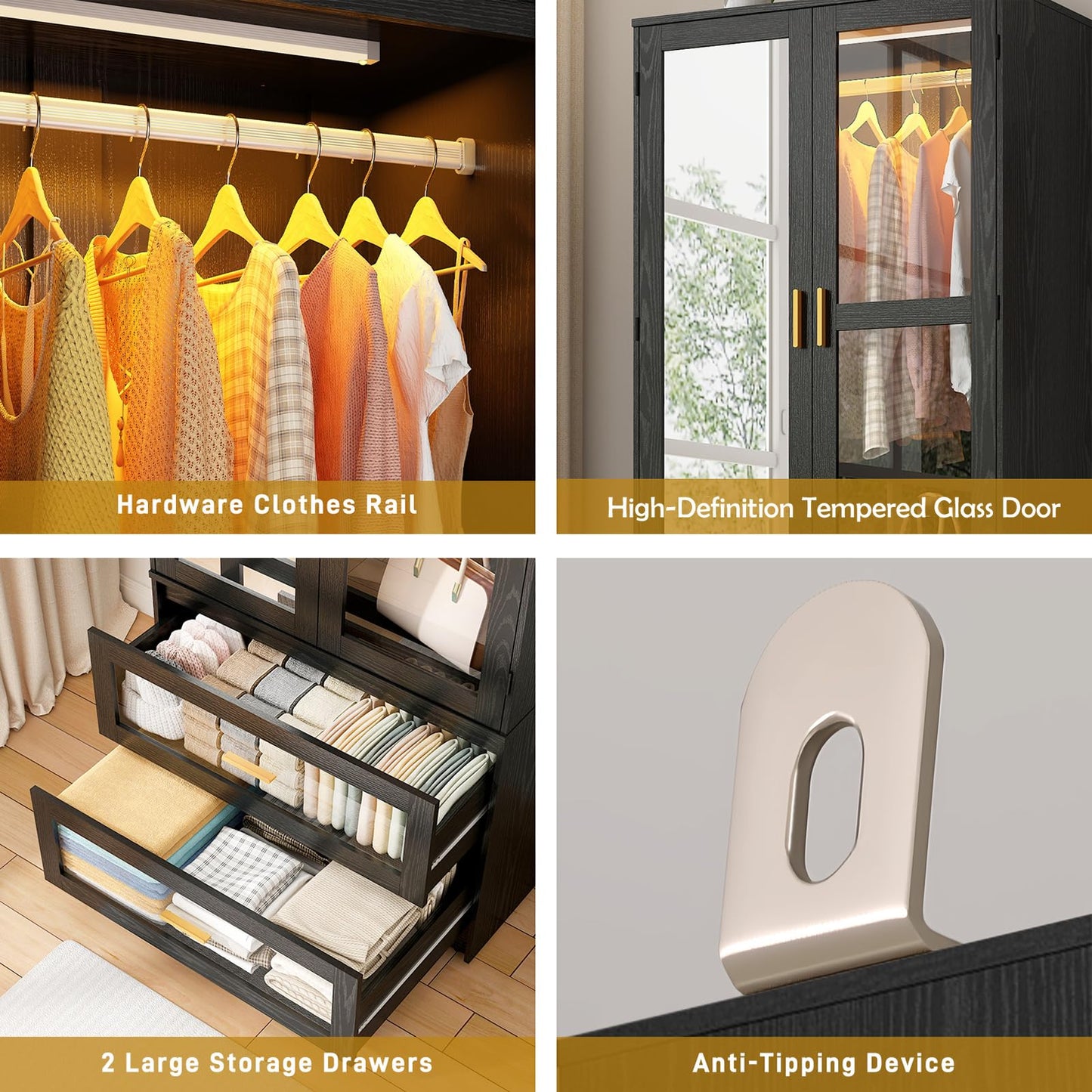 2 Doors Armoire Wardrobe Closet with LED and Mirror,71" H Freestanding Wooden Wardrobe Closet Cabinet for Bedroom w 2 Drawers,Wooden Clothing Storage Cabinet w Hanging Rod,Closets for Bedroom(Black)