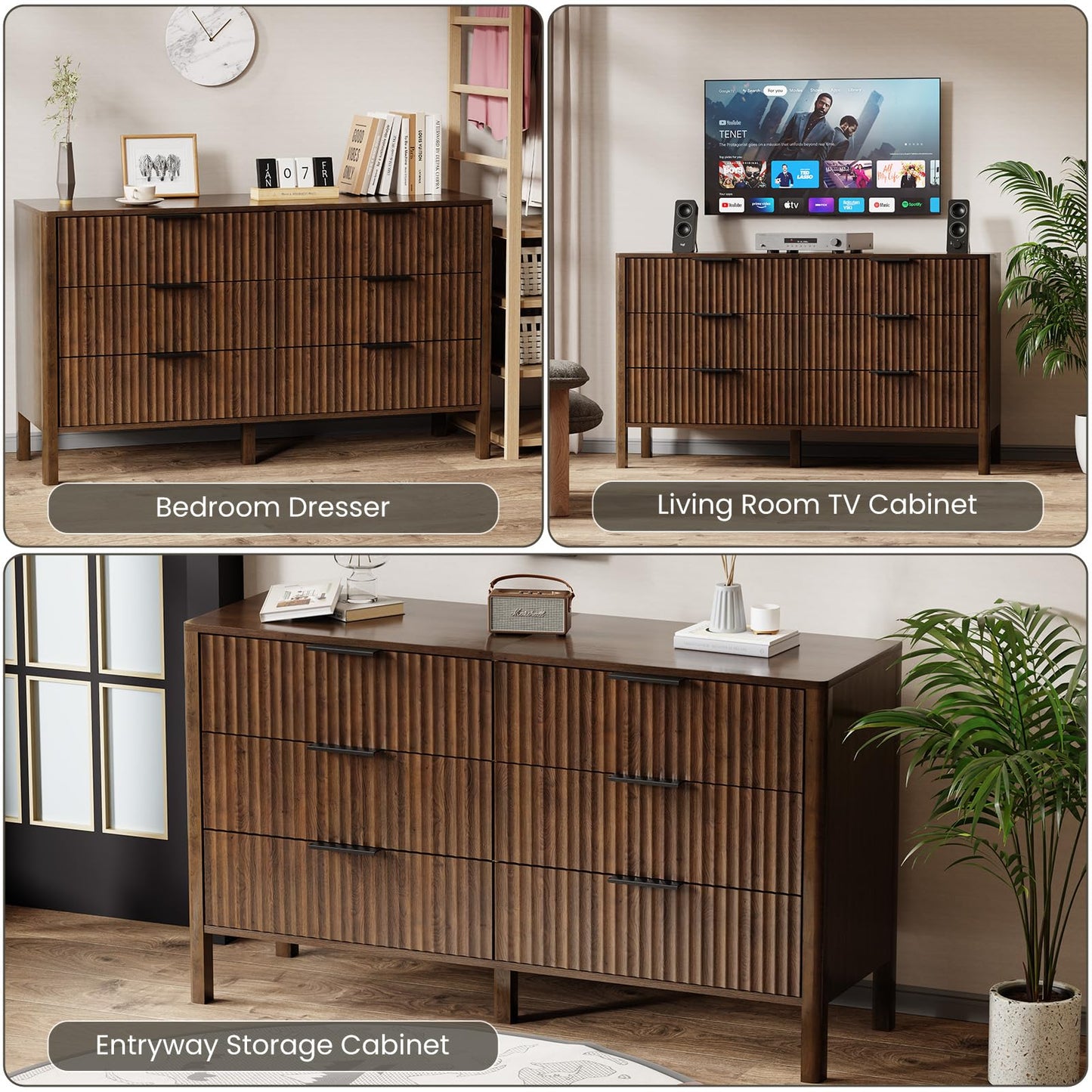 55" Wide Fluted 6 Drawer Dresser for Bedroom, Wooden Dresser Modern Chest of Drawers TV Stand Dressers with Organizer Storage for Bedroom, Living Room, Entryway, Walnut