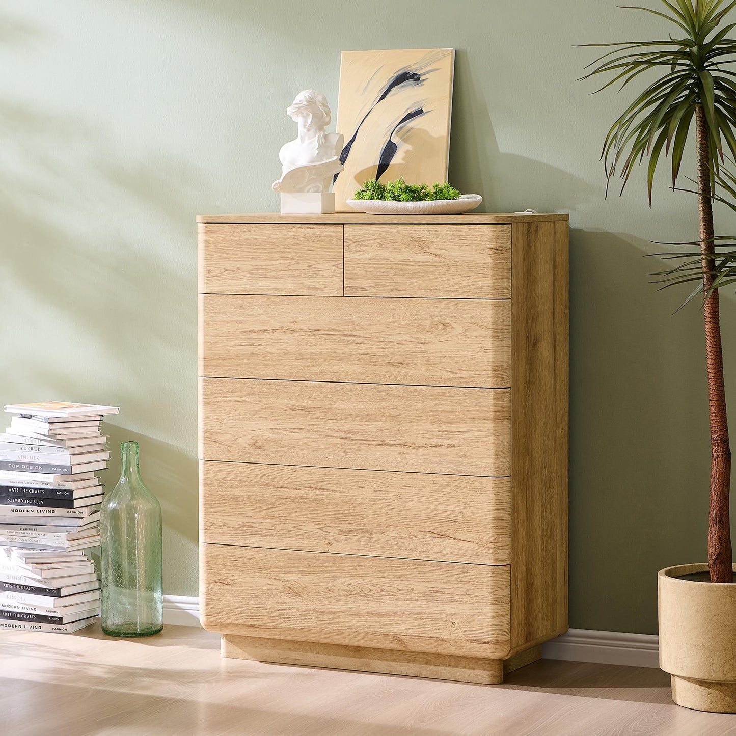 ACCOHOHO 6 Drawer Dresser for Bedroom, 42 Inch Tall Modern Chest of Drawers, Push-to-Open Wood Storgae Organizer with Large Drawers for Bedroom, Living Room, Hallway, Natural Oak