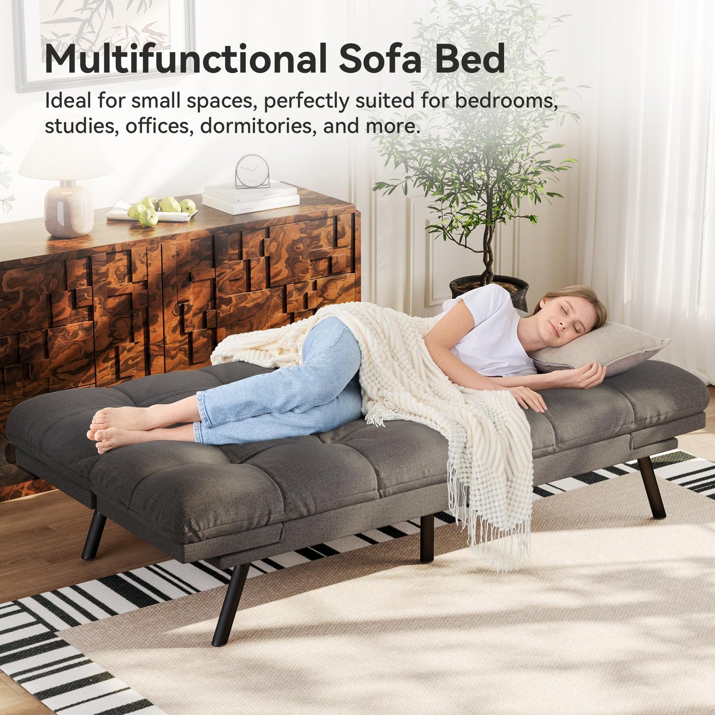 Vipbear 71" Convertible Futon Sofa Bed,Linen Fabric Futon Couch with Detachable Cushion,Adjustable Backrest & Armrest,Modern Loveseat Sleeper Recliner for Living Room,Office,Apartment,Dark Grey