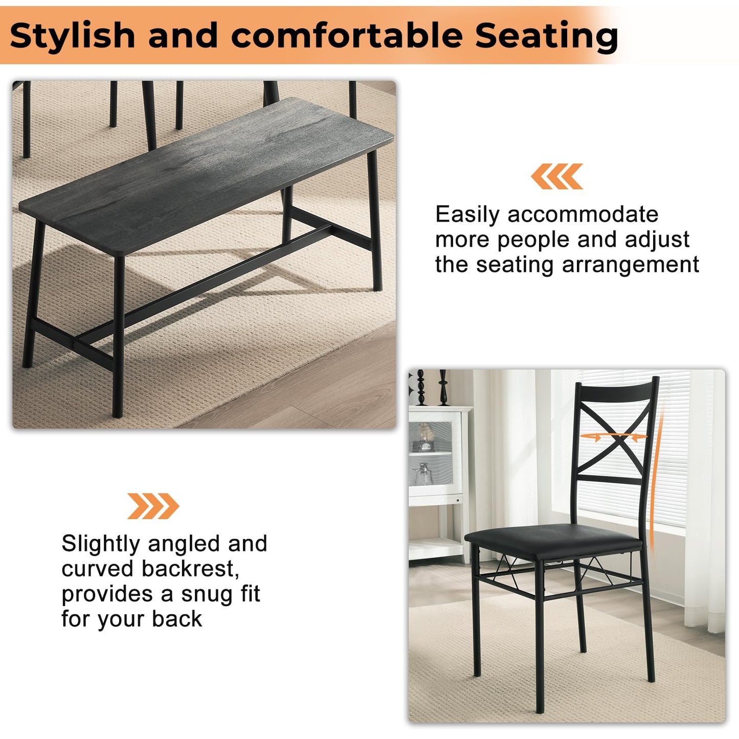 VINGLI Dining Table Set for 6,Farmhouse Rectangular Kitchen Dining Table,4 Chairs & Bench,Wooden Dinner Table Set with Upholstered Chairs for Kitchen, Dining Room, Apartment,Dark Grey,55in