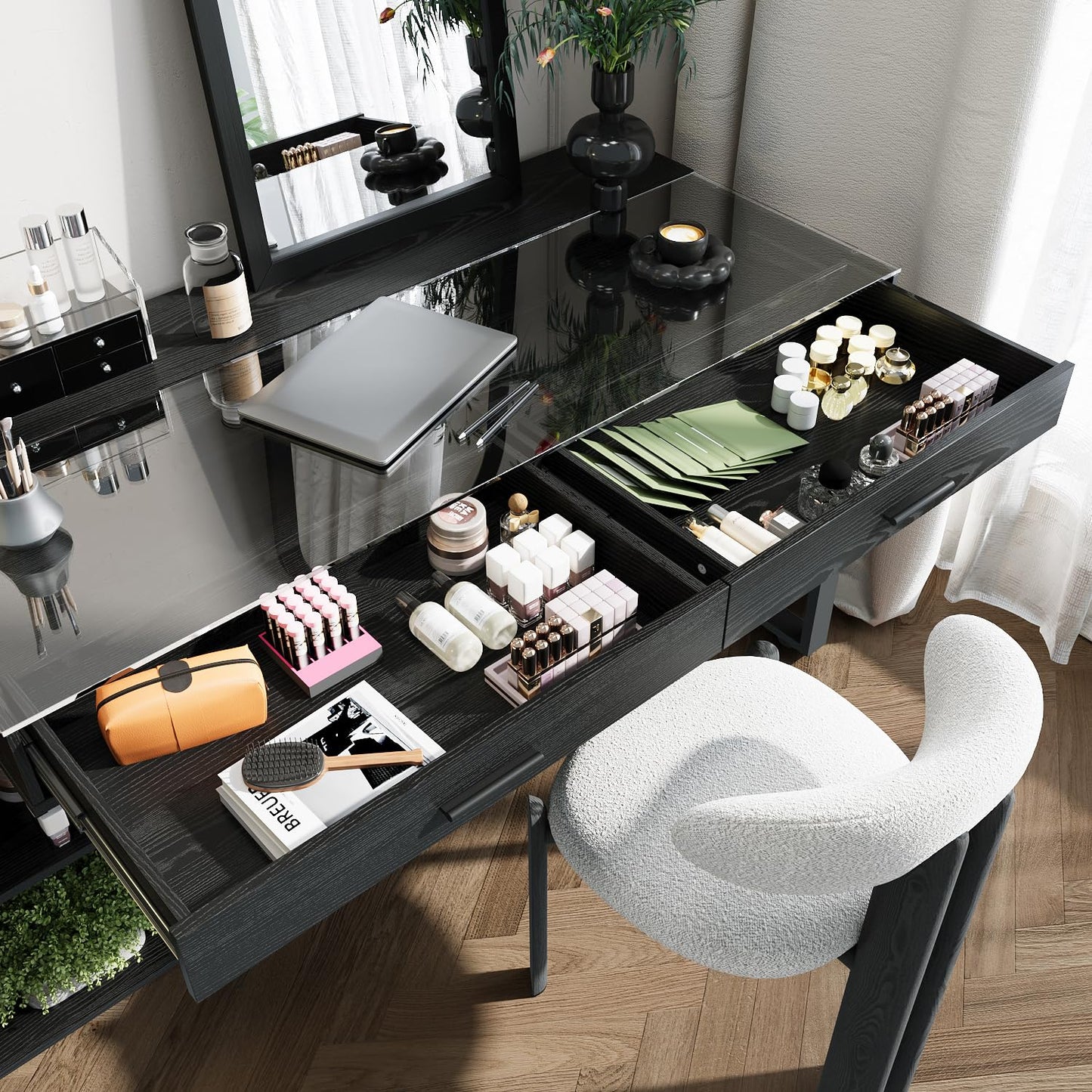 WOODTIME L-Shaped Makeup Vanity Desk with Glass Desktop & Cabinet, Corner Dressing Table with 5 Drawers & Shelves, Black Wood Grain