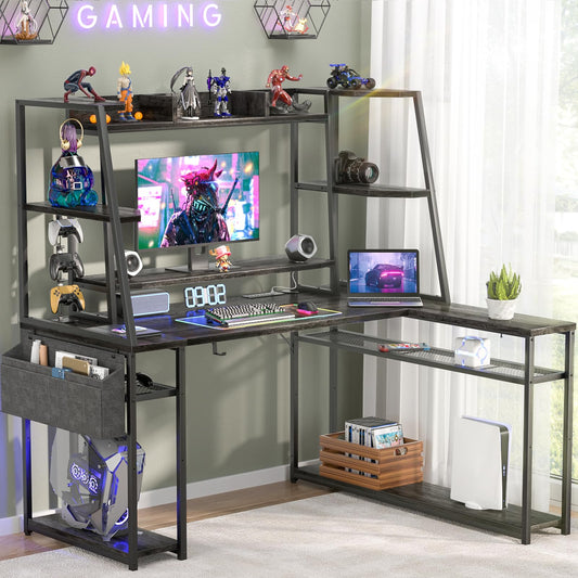 armocity L Shaped Gaming Desk with Hutch & Shelves, 47'' Gaming Computer Desk with LED Lights & Outlets, PC Gaming Desk with Storage & Monitor Stand, Grey Oak