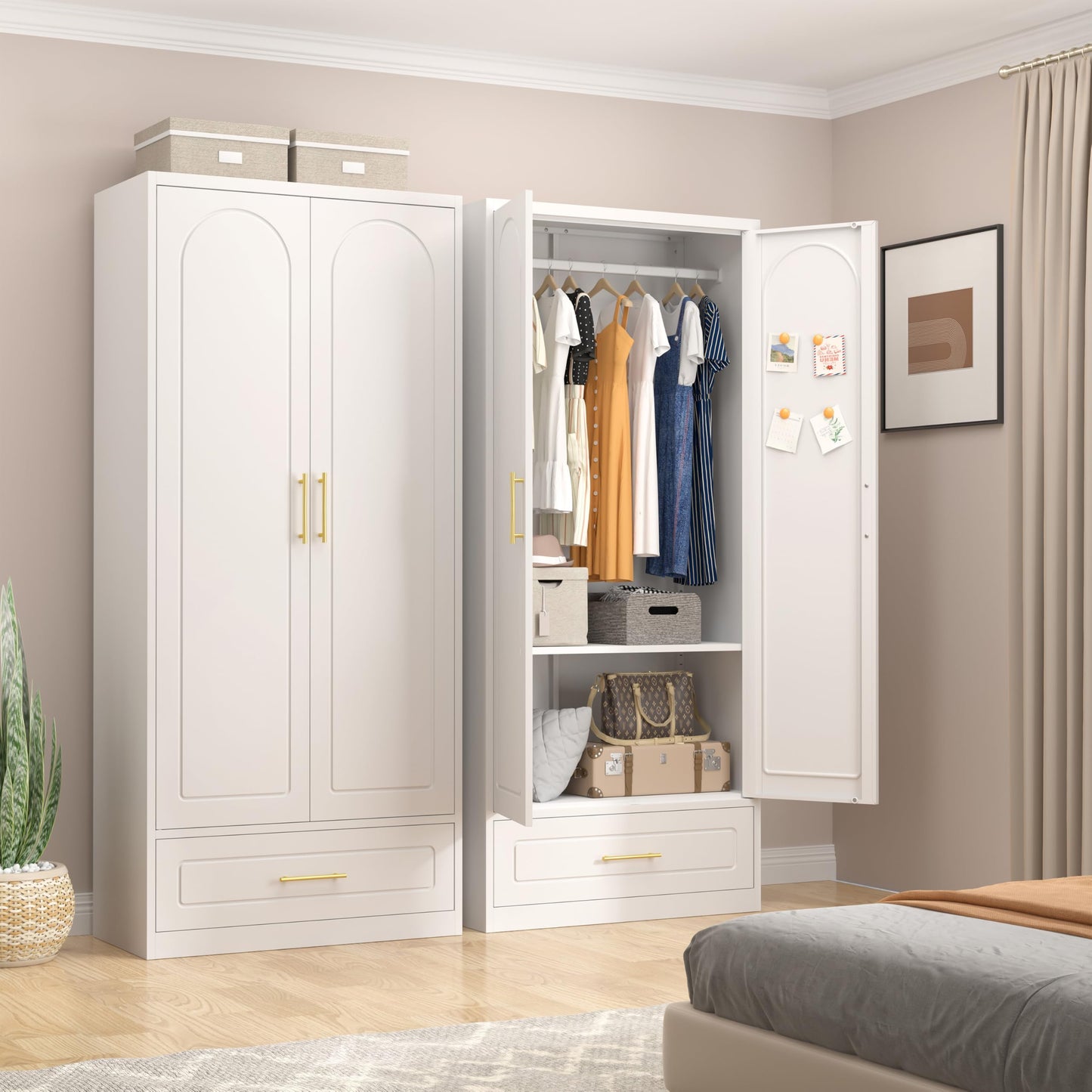 UNICOLY Armoire Wardrobe Closet with Doors, 71'' Wardrobe Cabinet with Hanging Rod, Metal Closet with 2 Adjustable Shelves for Bedroom School, Employee, Gym, Armarios De Ropa para Dormitorio, White