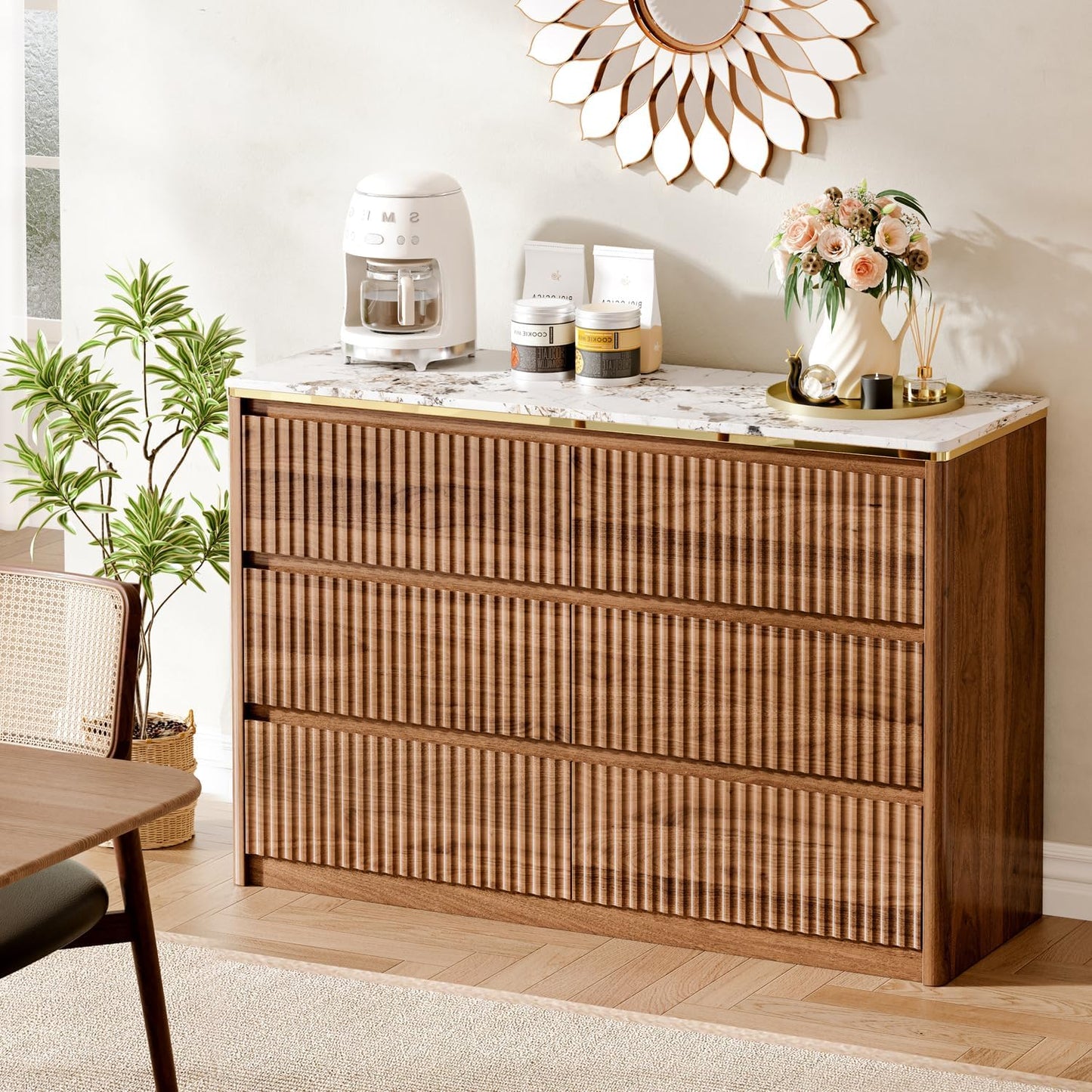 Ieejdn Fluted Dresser for Bedroom with 6 Drawers, 47.2" Modern Chest of Drawers with Faux Marble Top, Curved Profile Design,Dresser TV Stand, Wood Drawer Organizer for Living Room, Hallway, Walnut