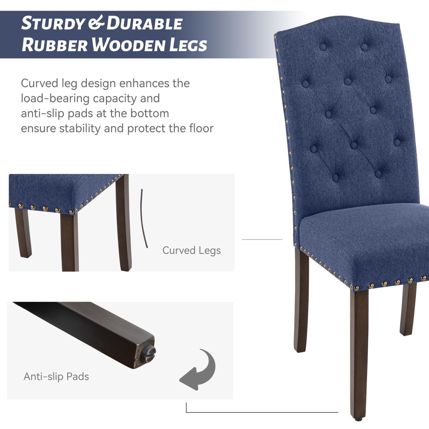 VKNOW Button Tufted Dining Chairs Set of 4, High Back Dining Room Chairs with Wood Legs, Upholstered Fabric Side Kitchen Chairs for Kitchen Dining Room, Navy Blue