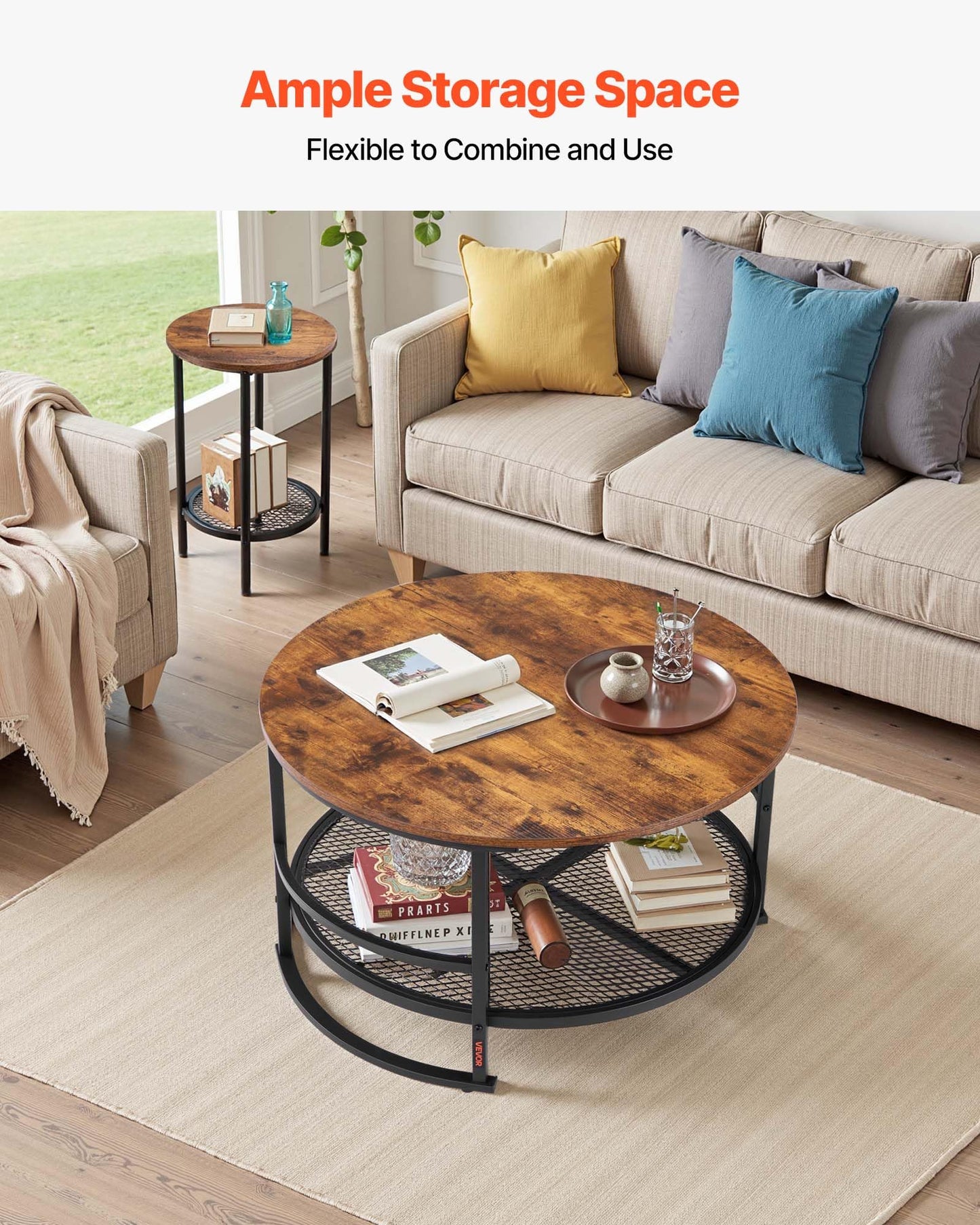 VEVOR 3 Pieces Round Coffee Table Sets, 31.5 in Industrial Living Room Table with 2 End Side Tables, Easy Assembly Coffee and End Tables Sets with Metal Legs, for Office, Living Room and Apartment