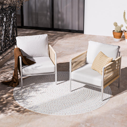 ZANDOR Aluminum Outdoor Front Porch Furniture Armchair 2 Sets, HDPE Woven Rope Rattan Bistro Patio Sofa Chair, Indoor Sectional Conversation Balcony Seat, Thick Cushion Wicker Backyard Sofa, Silver