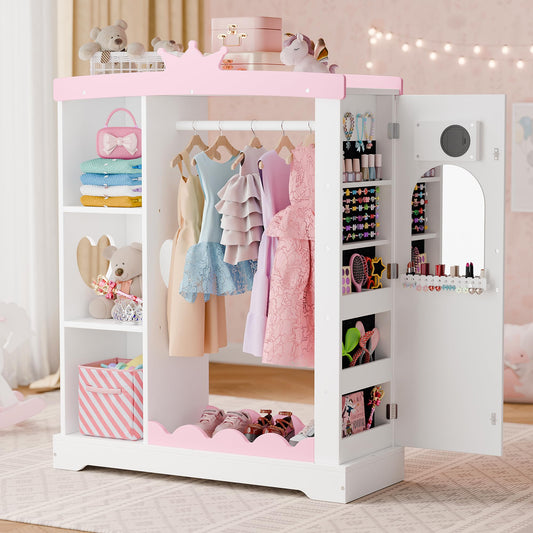 Xilingol Kids Armoire with Jewelry Cabinet, Dress up Storage with Mirror and Shelves, Princess Dress Closet and Costumes Wardrobe Closet, Costume Organizer for Bedroom, Kids Room, Girls (White)