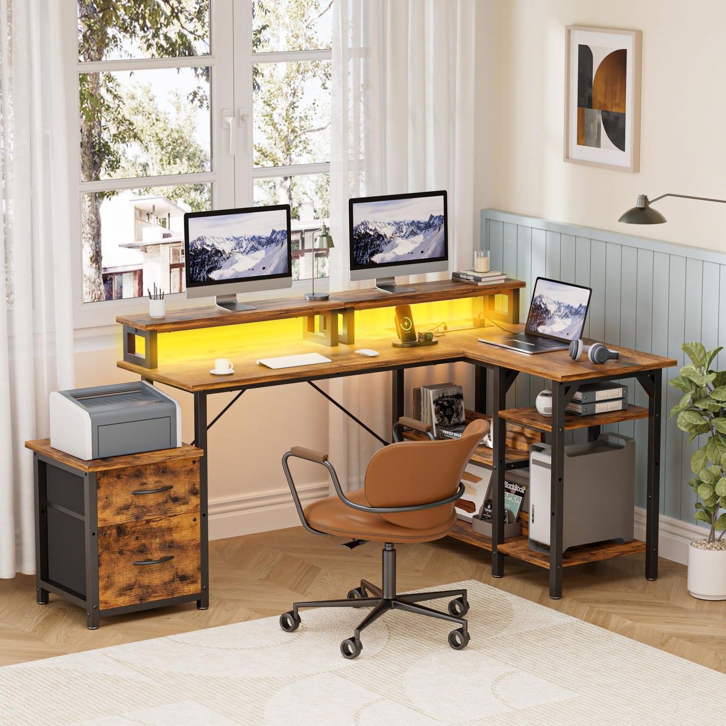 Briteglotec 67'' L Shaped Home Office Desk, Large Reversible Gaming Desk, Corner Computer Desks with File Drawers, Rustic Brown