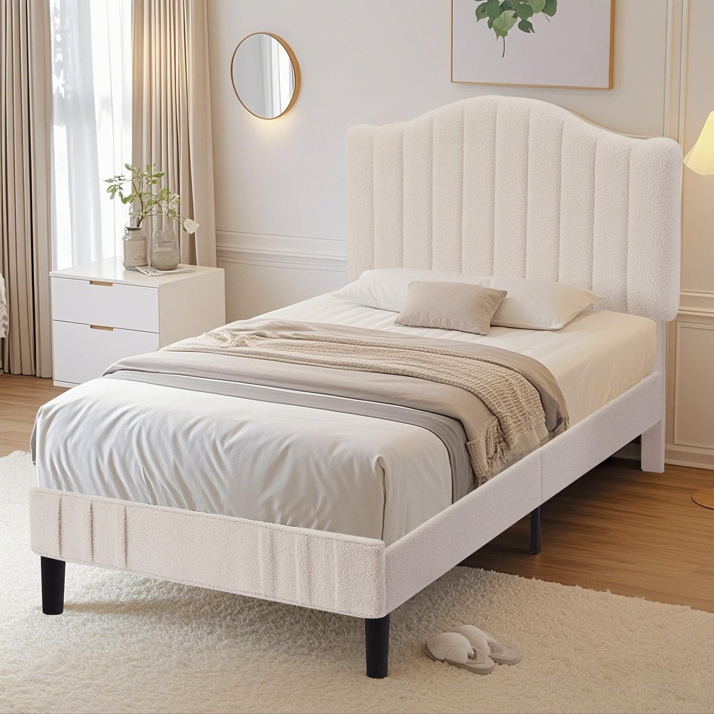 VECELO Twin Bed Frame Upholstered Platform Bed Frame with Height Adjustable Teddy Fabric Headboard, Strong Wood Slats Supports 7.9'' Under Bed Space Noise Free No Box Spring Needed, Cream