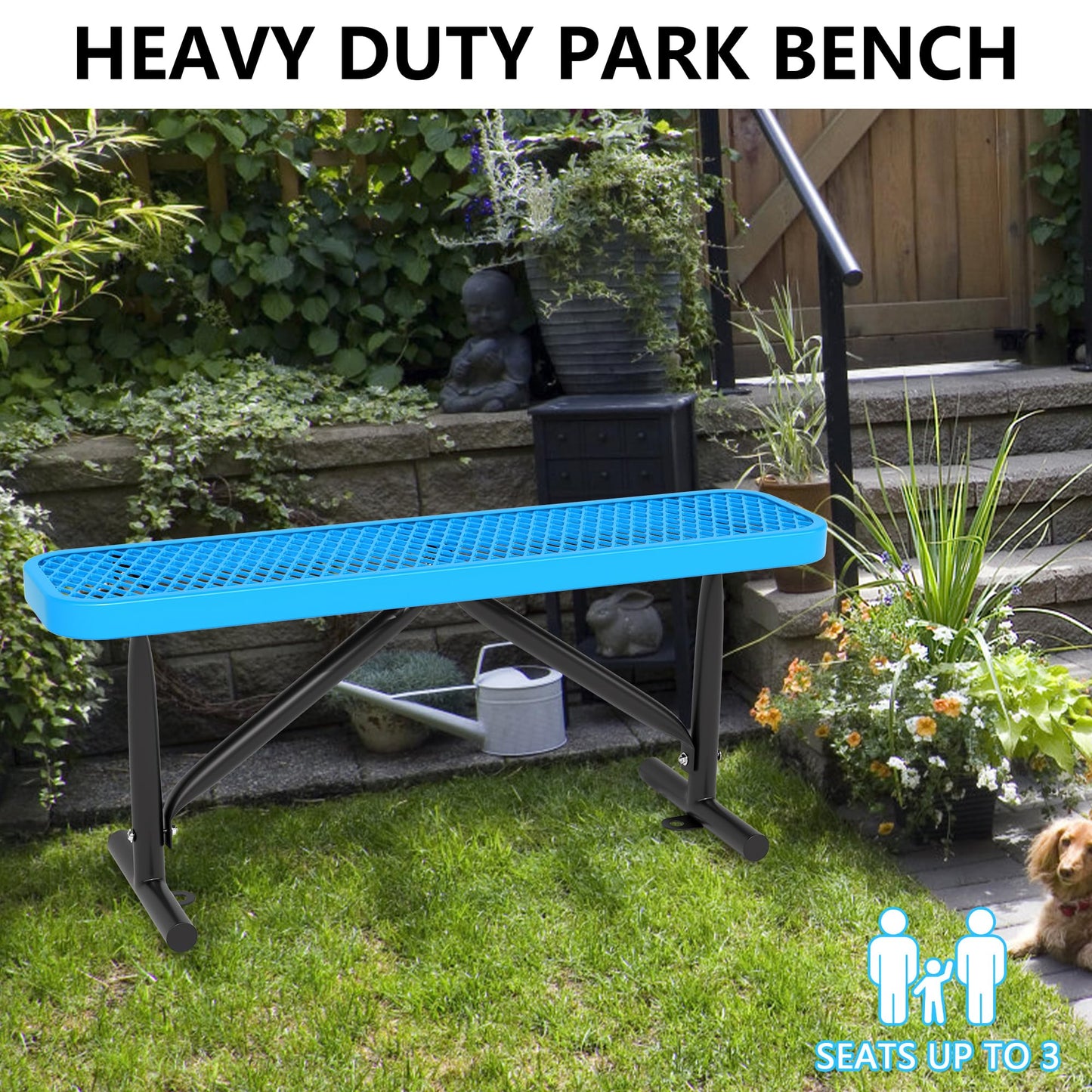 4FT/6 FT Park Benches-Outdoor Steel Flat Bench,Metal Backless Benches for Outside, School Benches Commercial Heavy Duty Rectangular Black Park Bench Patio Bench for Garden, Porch,Park (Blue, 4FT)