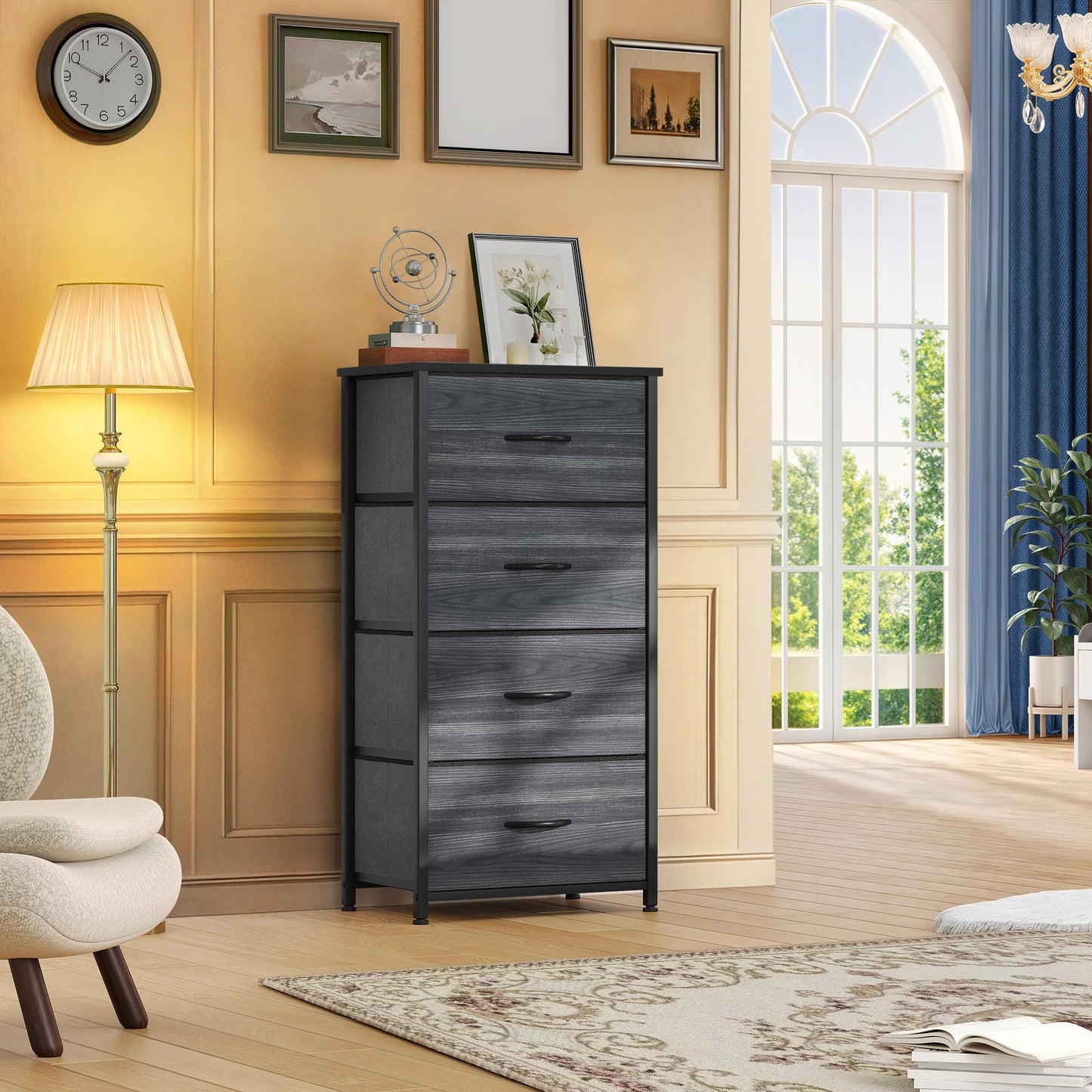 DWVO 4 Drawers Dresser, Dresser for Bedroom, Fabric Storage Tower, Chest of Drawers, Organizer Unit for Closets, Living Room, Sturdy Steel Frame, Wooden Top, Easy Pull Fabric Bins