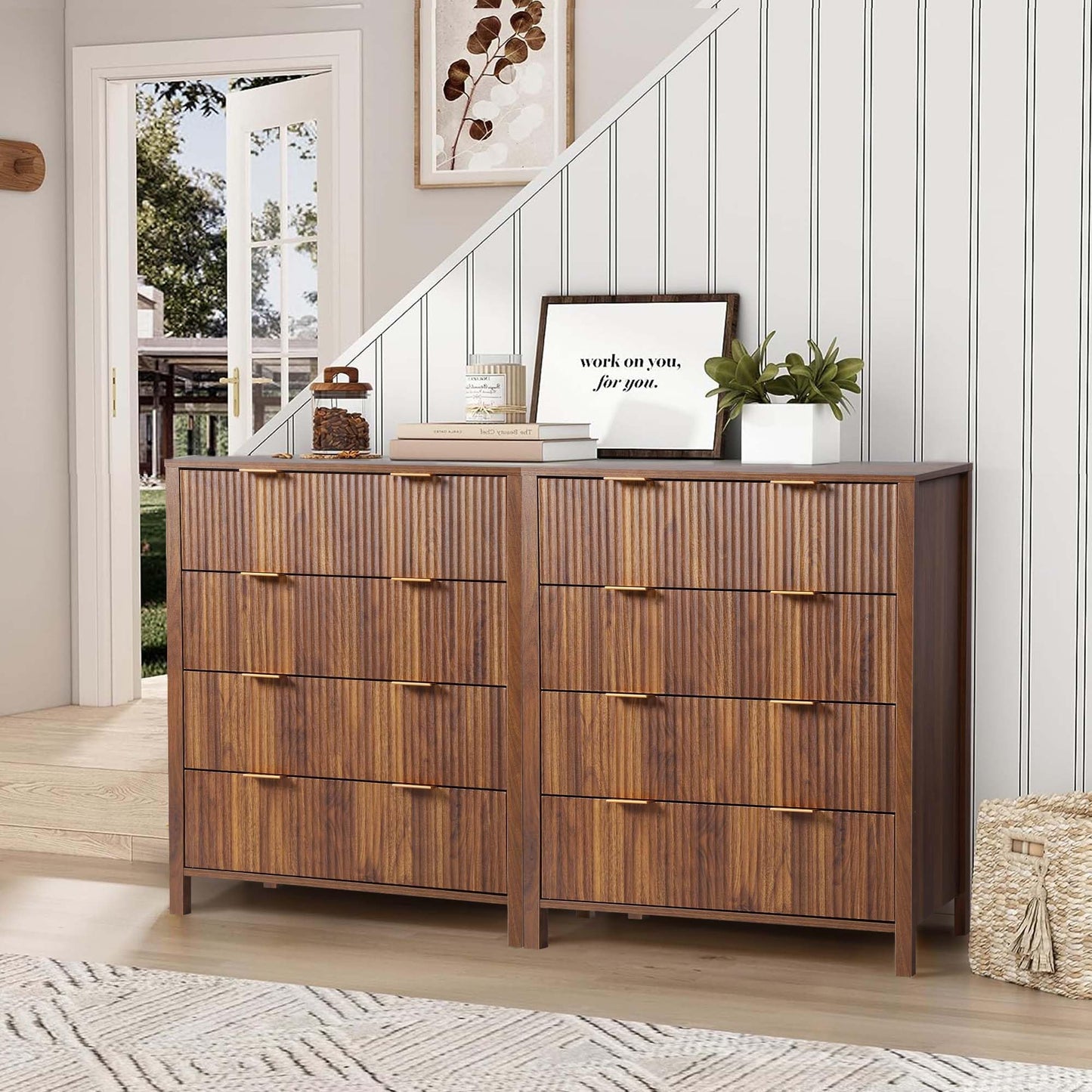 XUZENEST 4 Drawer Dressers for Bedroom, Modern Closet Chest of Drawers with Waveform Fluted Panel, Large Wood Storage Dresser Organizer for Nursery Bedroom Living Room Hallway Closet, Walnut