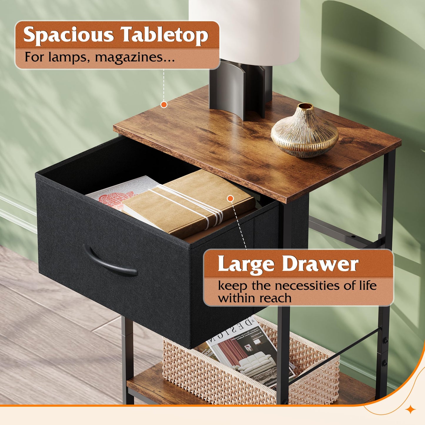 WLIVE Nightstand, End Table with Fabric Storage Drawer and Open Wood Shelf, Bedside Furniture with Steel Frame, Side Table for Bedroom, Dorm, Easy Assembly, Black and Rustic Brown, 25.0" Height