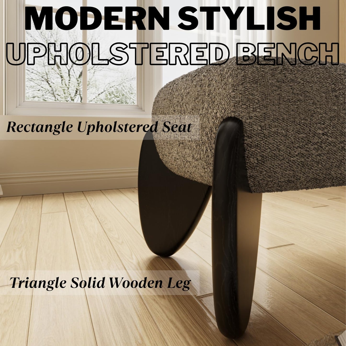 Ya-Home Modern Living Room Bench, Boucle Upholstered Bedroom Bench End of Bed, 50” Entryway Bench with Black Wooden Legs, Window Ottoman Bench for Bedroom/Hallway,Grey