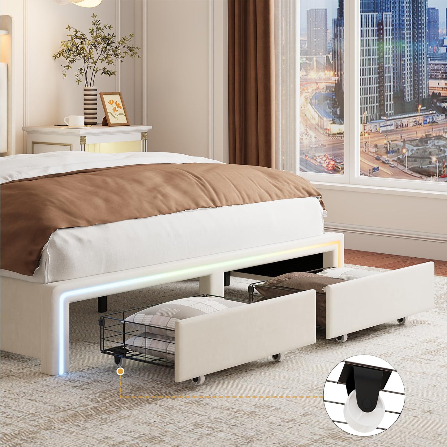 VINTLJUS Queen LED Bed Frame with Storage Headboard & Charging Station, Velvet Fabric Platform Bed Frames with 4 Drawers, No Box Spring Needed, Button Tufted Upholstered, Beige