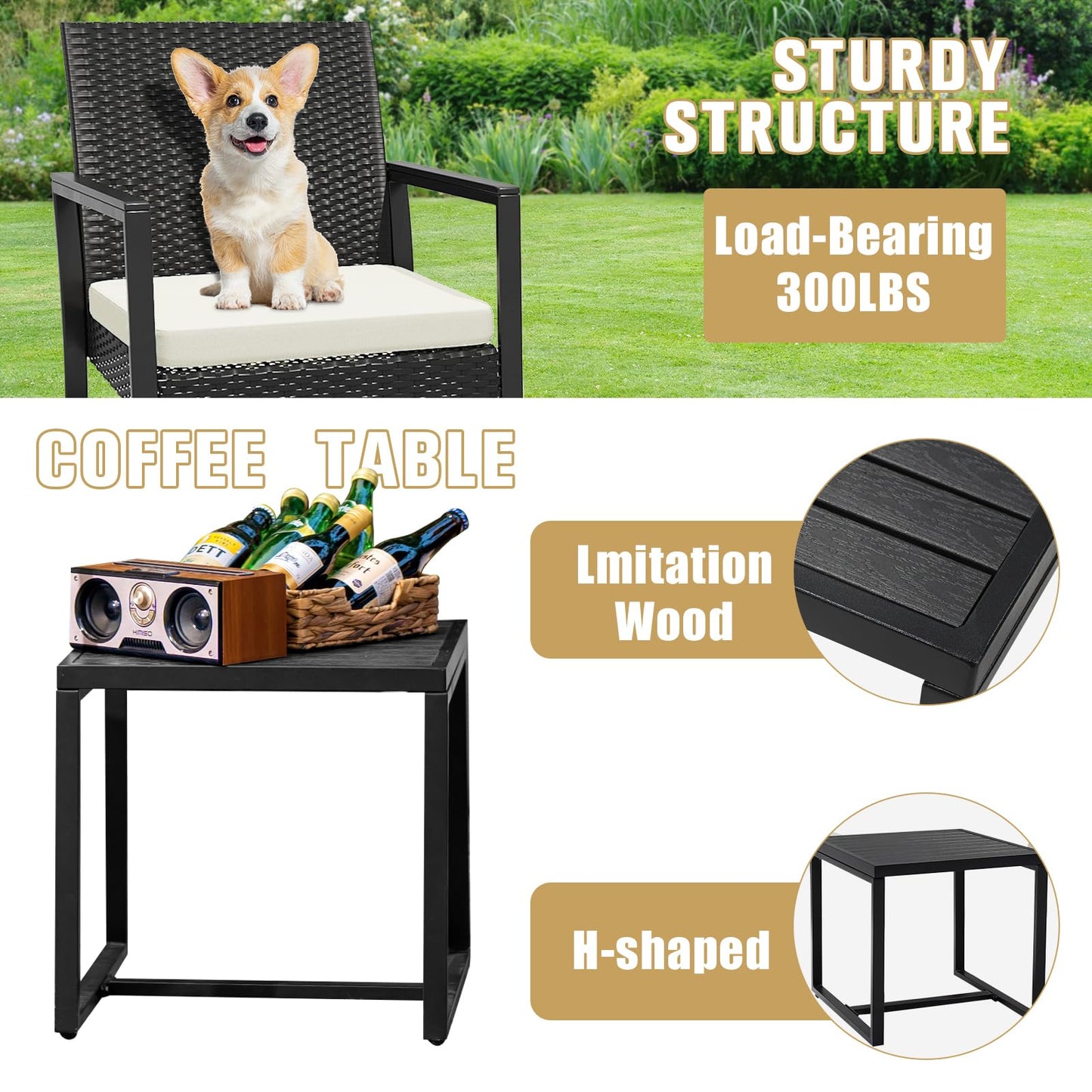 WWR 3 Pieces Outdoor Patio Furniture Set Rocking Wicker Rattan Chair Set Patio Bistro Conversation Set 3 Pcs with Coffee Table for Yard & Bistro (Sand)