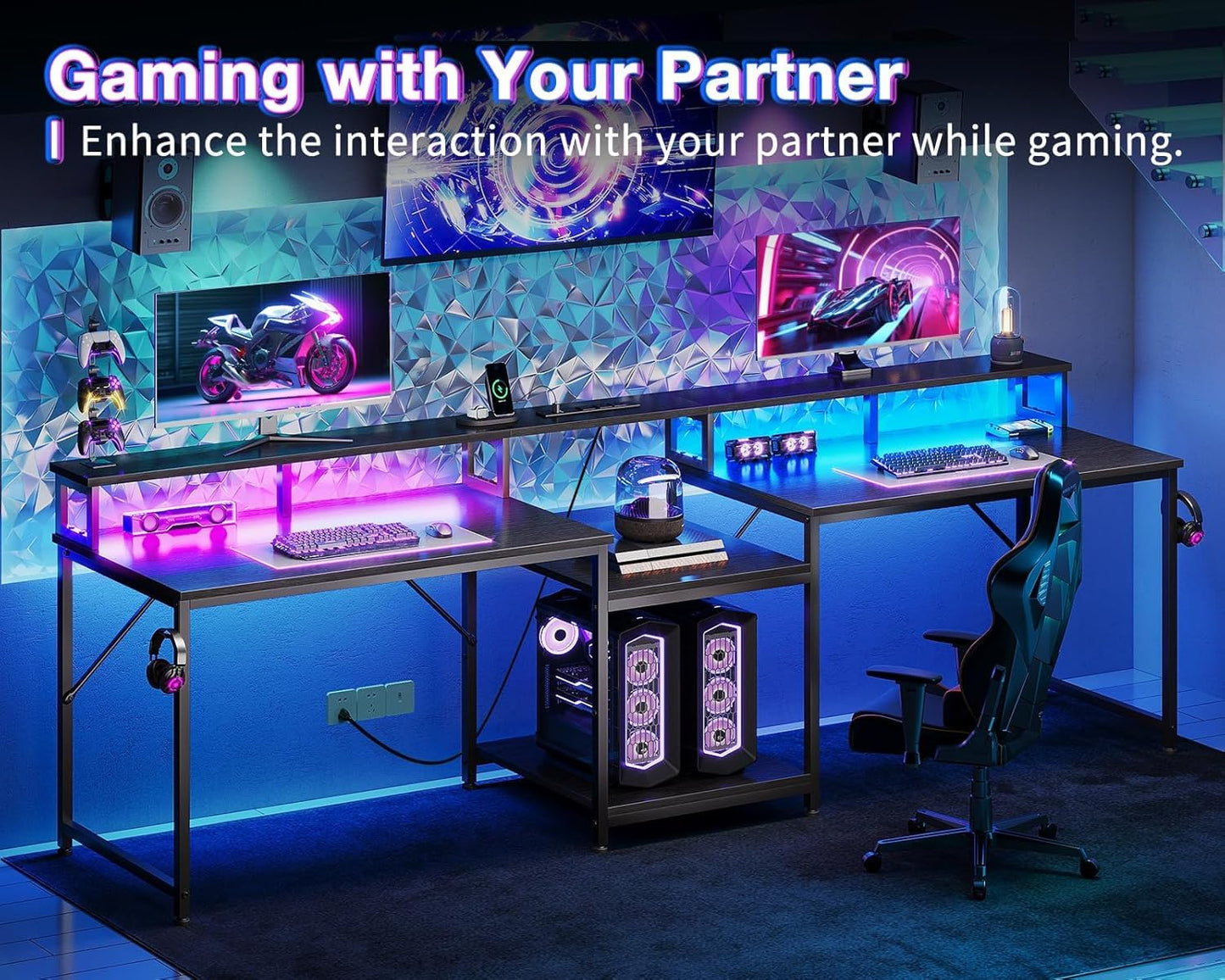 Casaottima 98 Inch 2 Person Gaming Desk with Storage Shelves, Long Double Home Office Computer Writing Desks with USB Charging Port & LED Lights, Monitor Stand, Modern Study/Work Table,Black