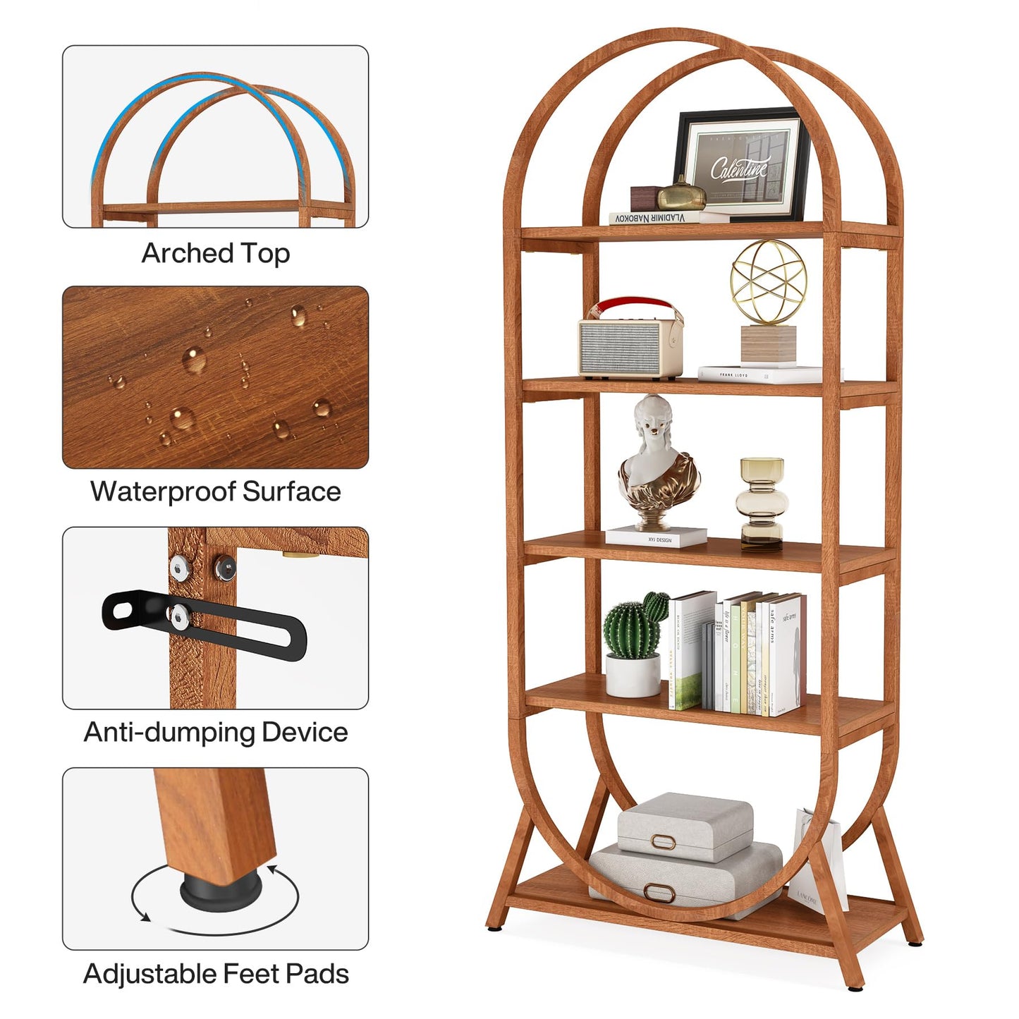 Tribesigns 5-Tier Open Bookshelf, 70.8" Tall Arched Bookcase, Modern Brown Storage Bookshelves, Freestanding Display Rack Shelving Unit for Office, Bedroom, Living Room, Easy Assembly
