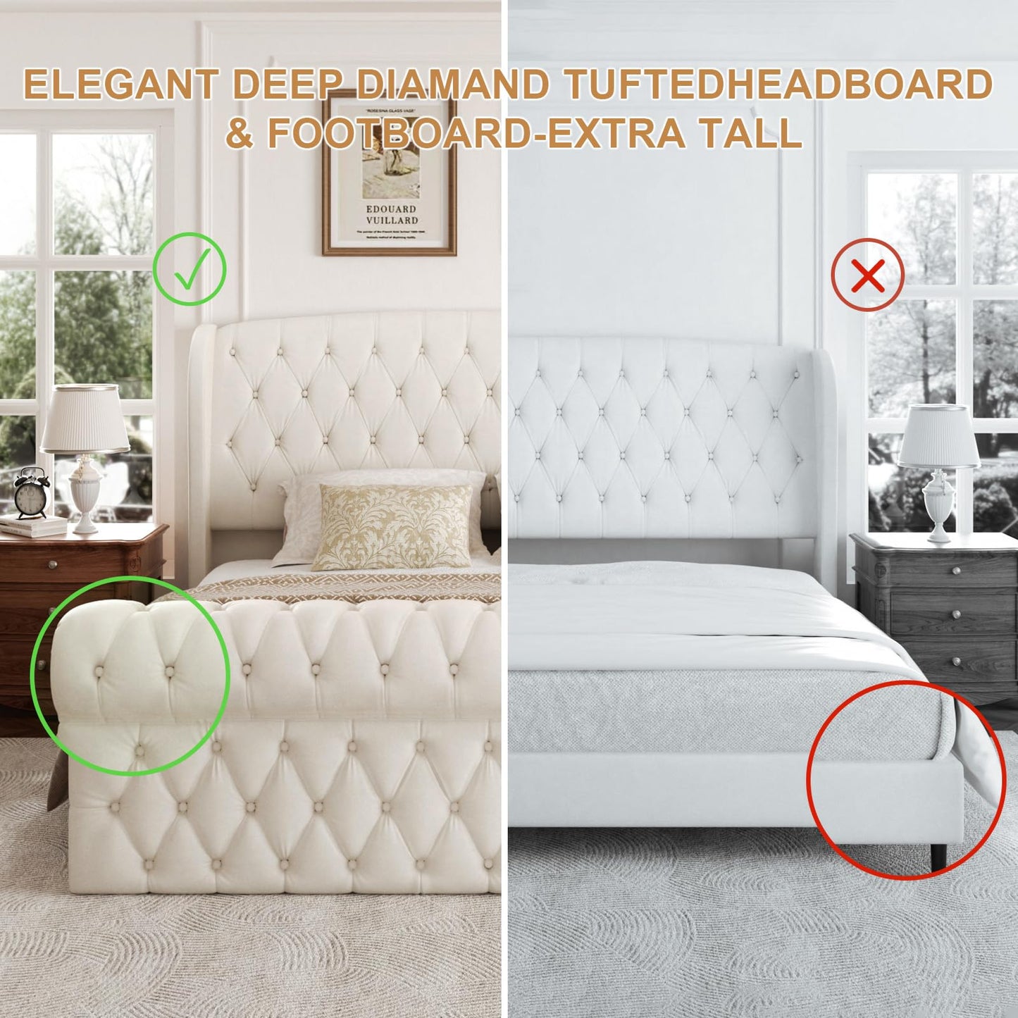 viplov Queen Size Platform Bed Frame, Chenille Upholstered Sleigh Bed with Scroll Wingback Headboard & Footboard, 52" Tall Headboard, Button Tufted, No Box Spring Required, Wood Slats Support, Beige