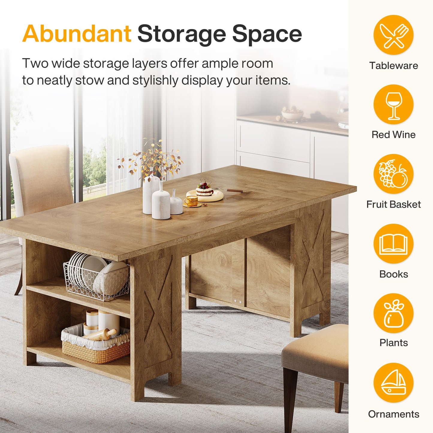 Tribesigns 63" Farmhouse Dining Table with Storage, Rectangular Wooden Kitchen Dinner Table for Dining Room, Living Room, Fit for 2-4 People, Rustic Brown