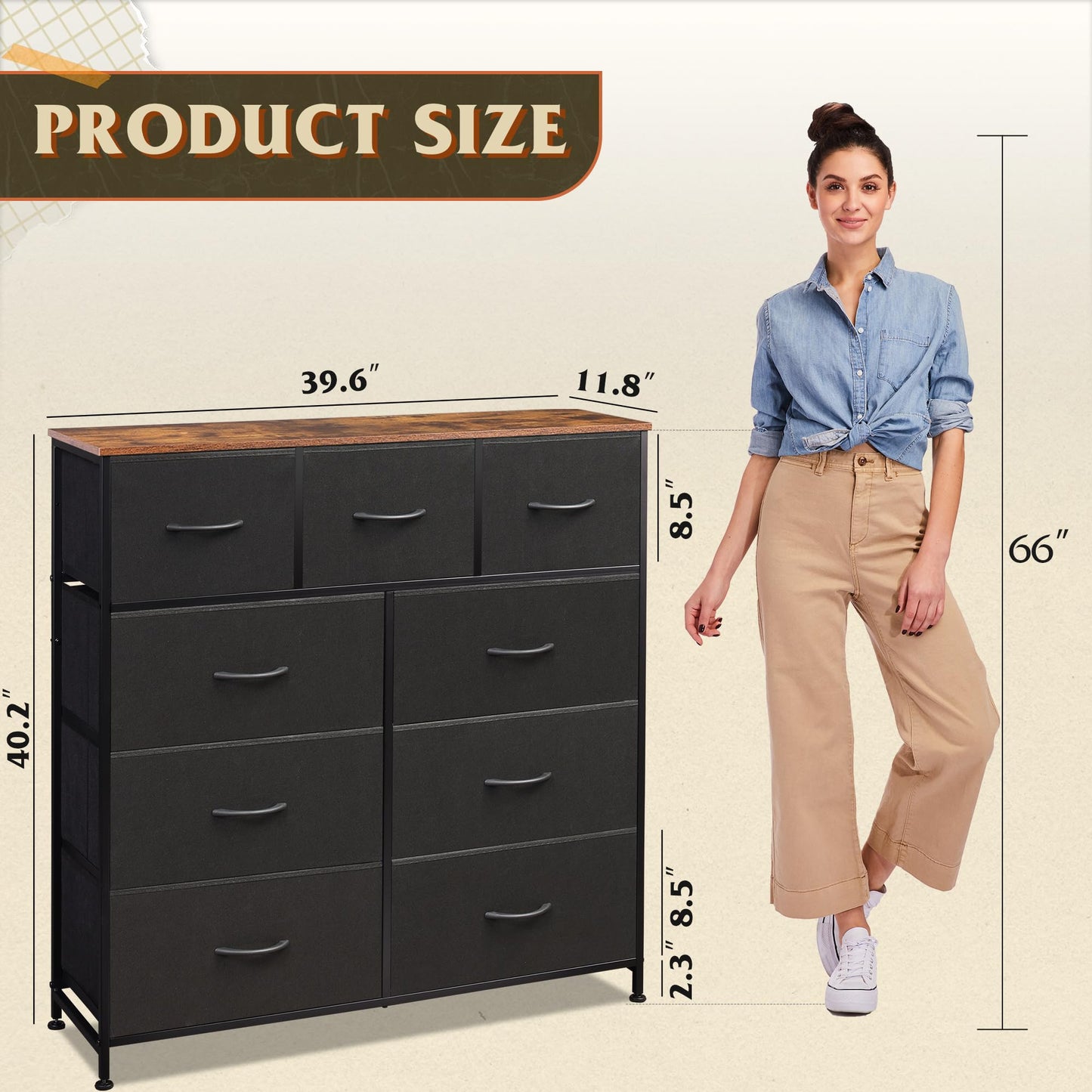 WLIVE 9 Drawer Dresser, Fabric Storage Tower for Bedroom, Hallway, Closet, Tall Chest Organizer Unit for Bedroom with Fabric Bins, Steel Frame, Wood Top, Easy Pull Handle, Black and Rustic Brown