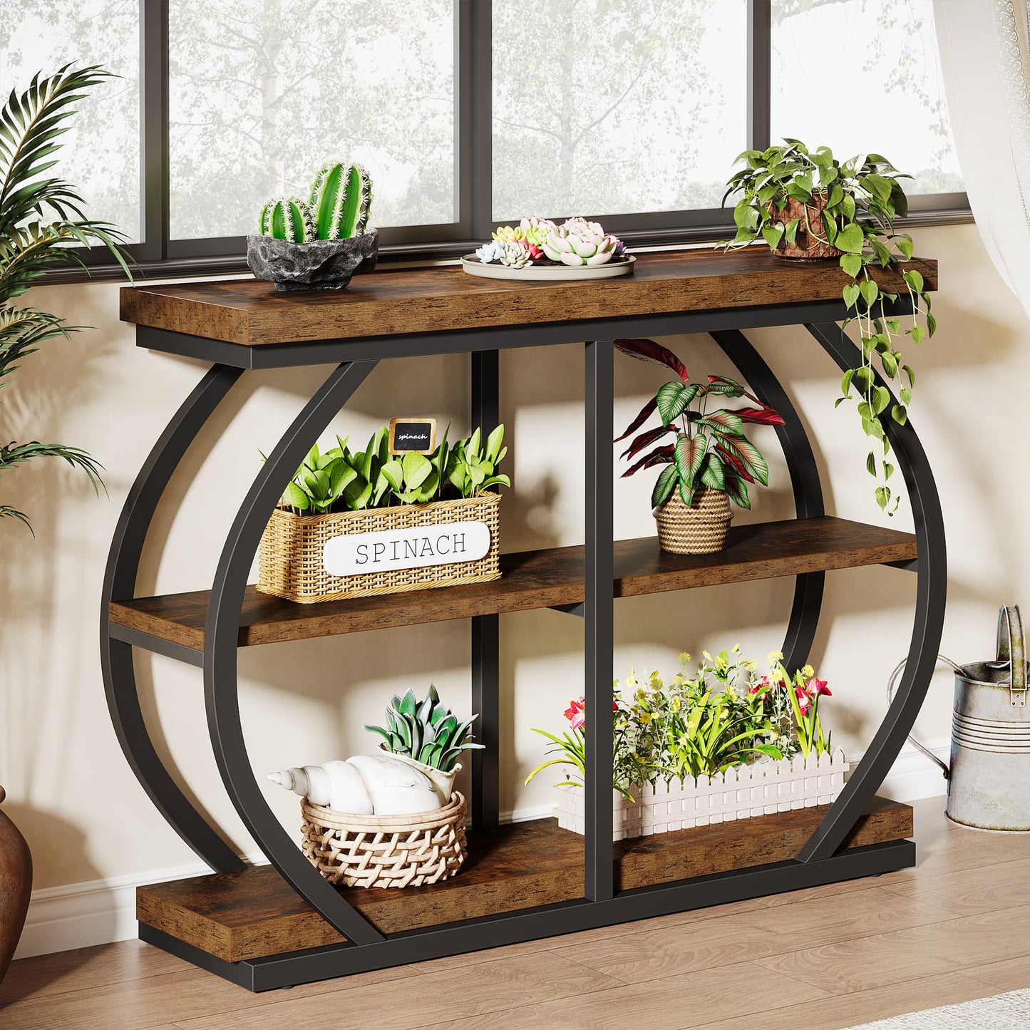 Tribesigns 41.3" Console Table, Industrial 3-Tier Entryway Table with Arched Metal Frame and Storage Shelves for Living Room, Hallway, Rustic Brown
