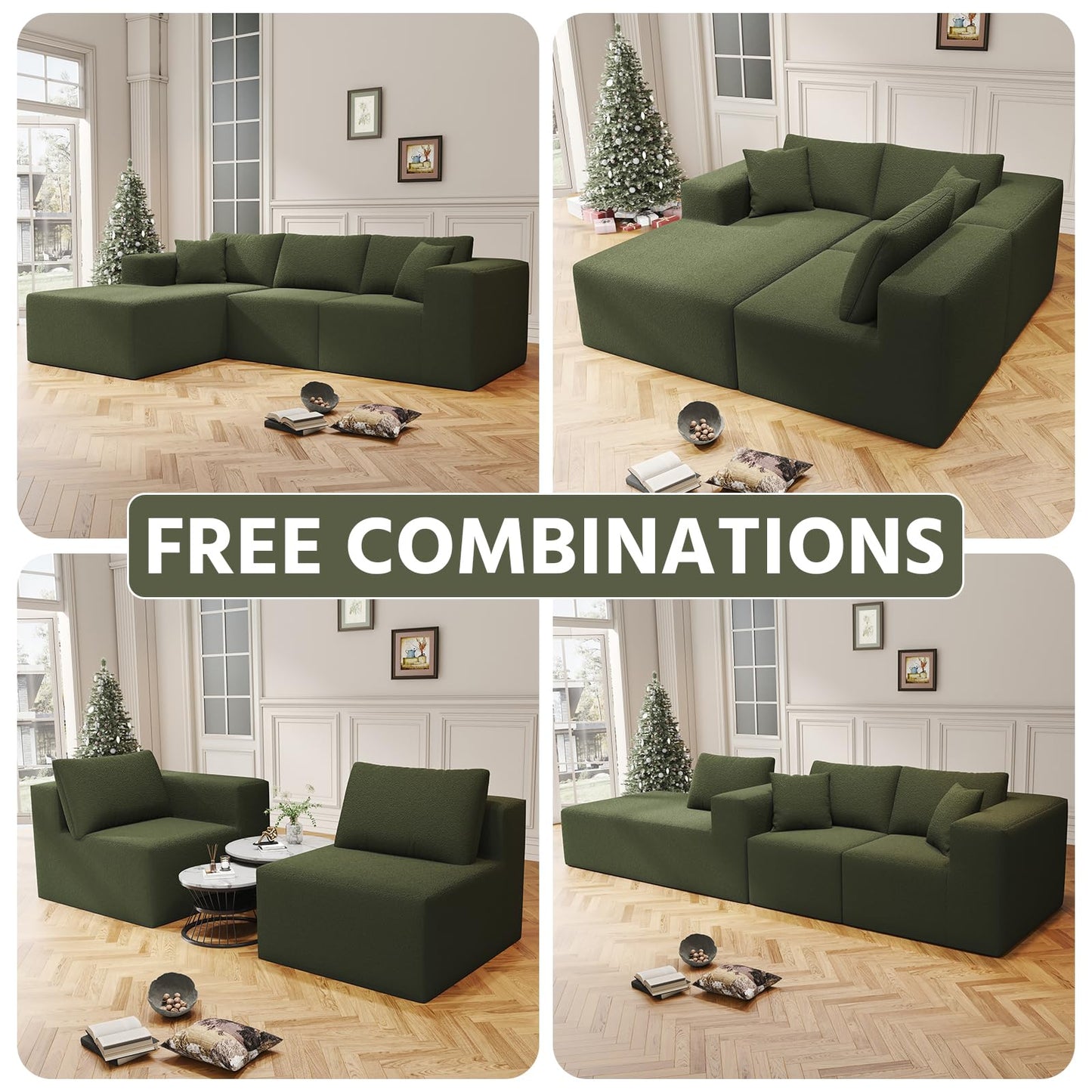 108" Cloud Sectional Couch with L-Shape Chaise,4 Seat Modern Modular Sofa with Deep Seat, Upholstered Couches for Living Room Bedroom, Sectional boneless couch with pillows,No Assembly Required(Green)